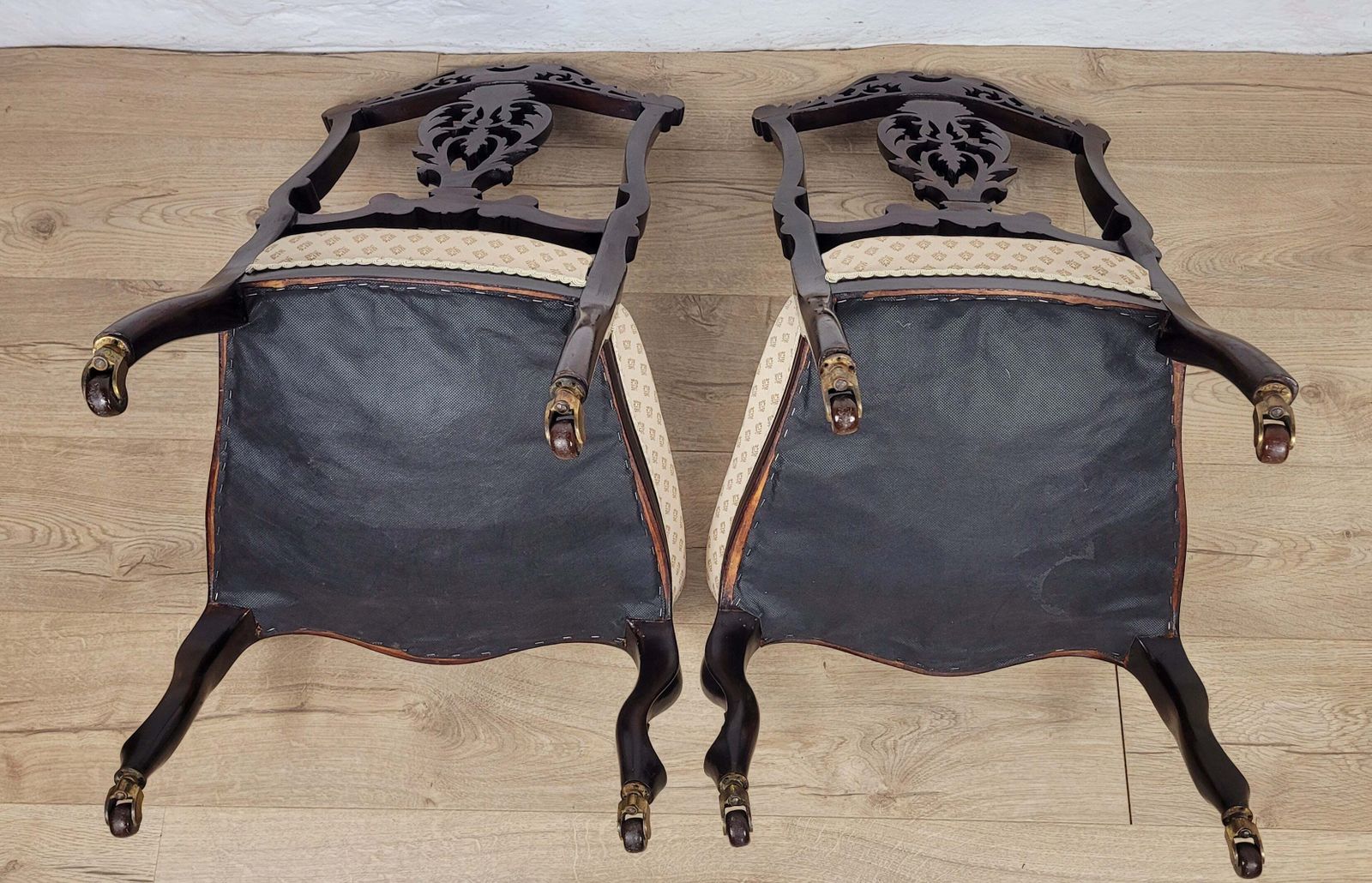 Victorian Nursing Chairs Carved Pierced Foliate Upholstery 19c photo vintage