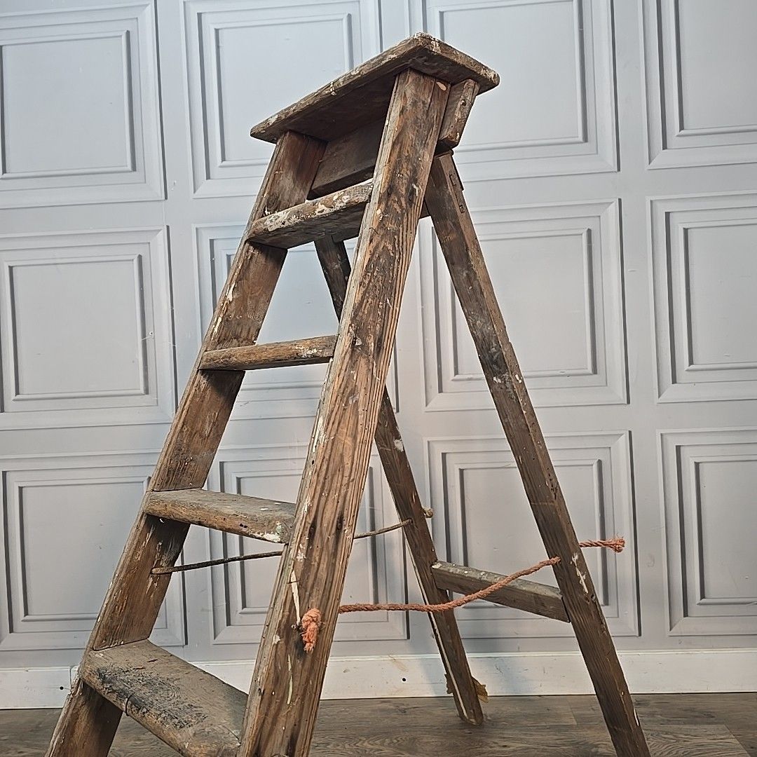90.0 Antique Wooden Step Ladders Rustic Folding Decor Display Ladder Prop Upcycle photo