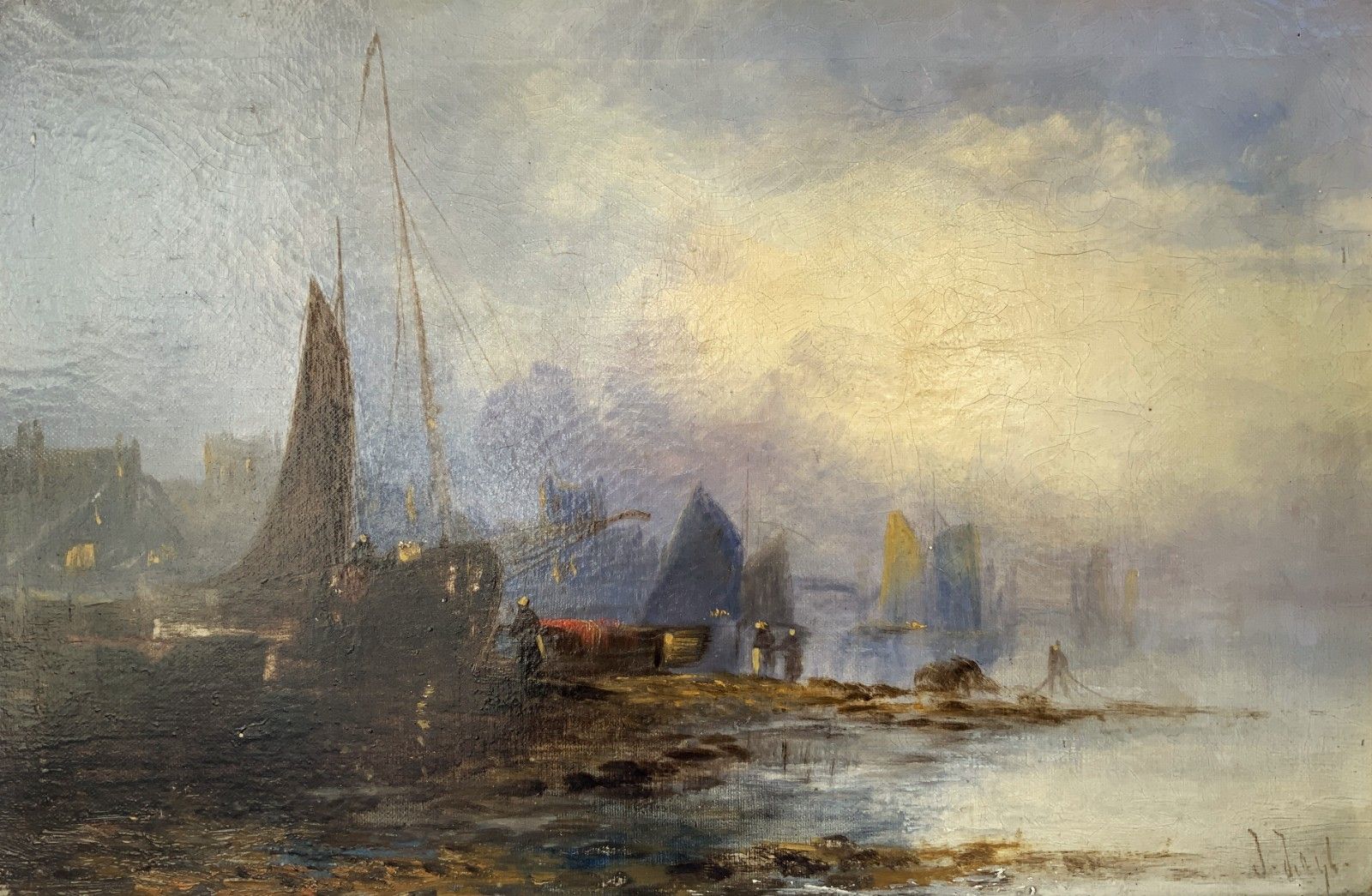 Maritime Seascape Oil Painting Sunset Harbour By John D. Taylor (Act.1876 1890) photo for sale