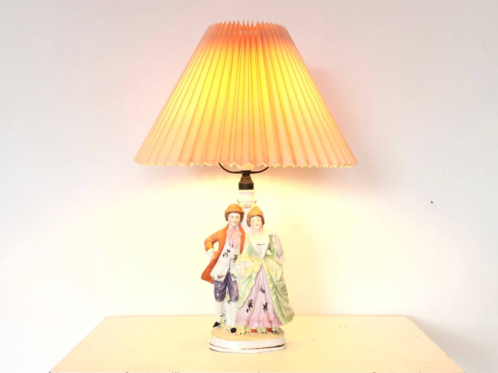 Mid Century Beautiful Porcelain Handpainted Table Lamp With Handsome Couple And Vintage Pleated Fabric Shade