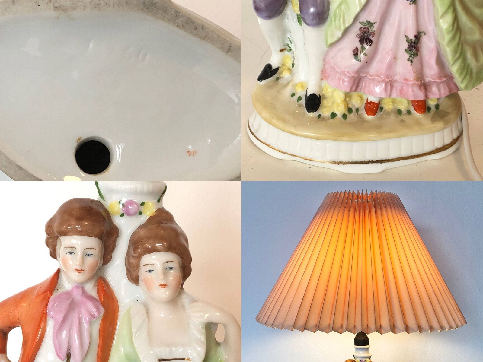 photo furniture Mid Century Beautiful Porcelain Handpainted Table Lamp With Handsome Couple And Vintage Pleated Fabric Shade