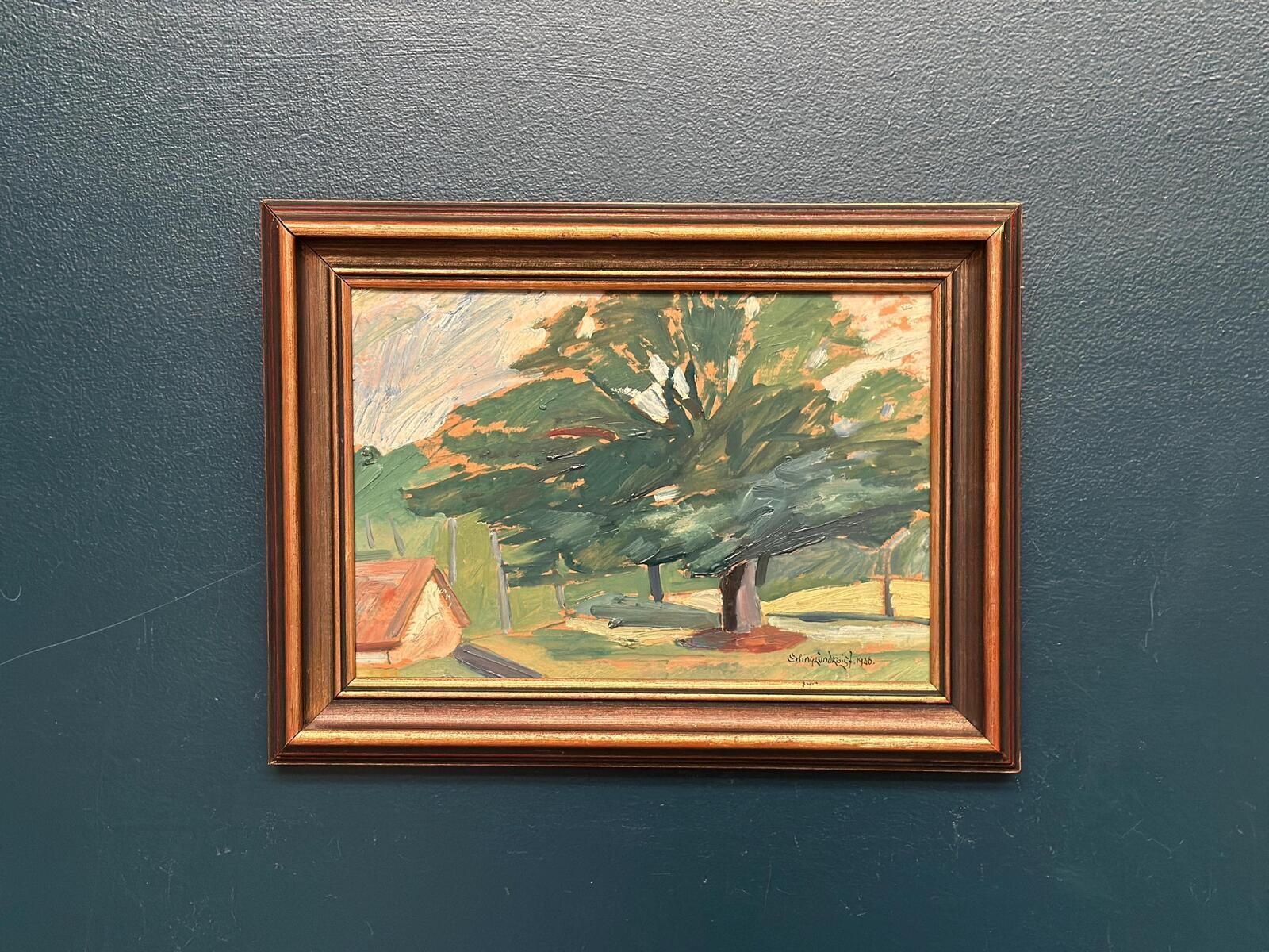 Original Mid Century Swedish Oil On Panel – “Majestic Tree” By Erling Lundquist – Vintage & Framed 44 × 34 Cm (17.3" × 13.4") photo for sale