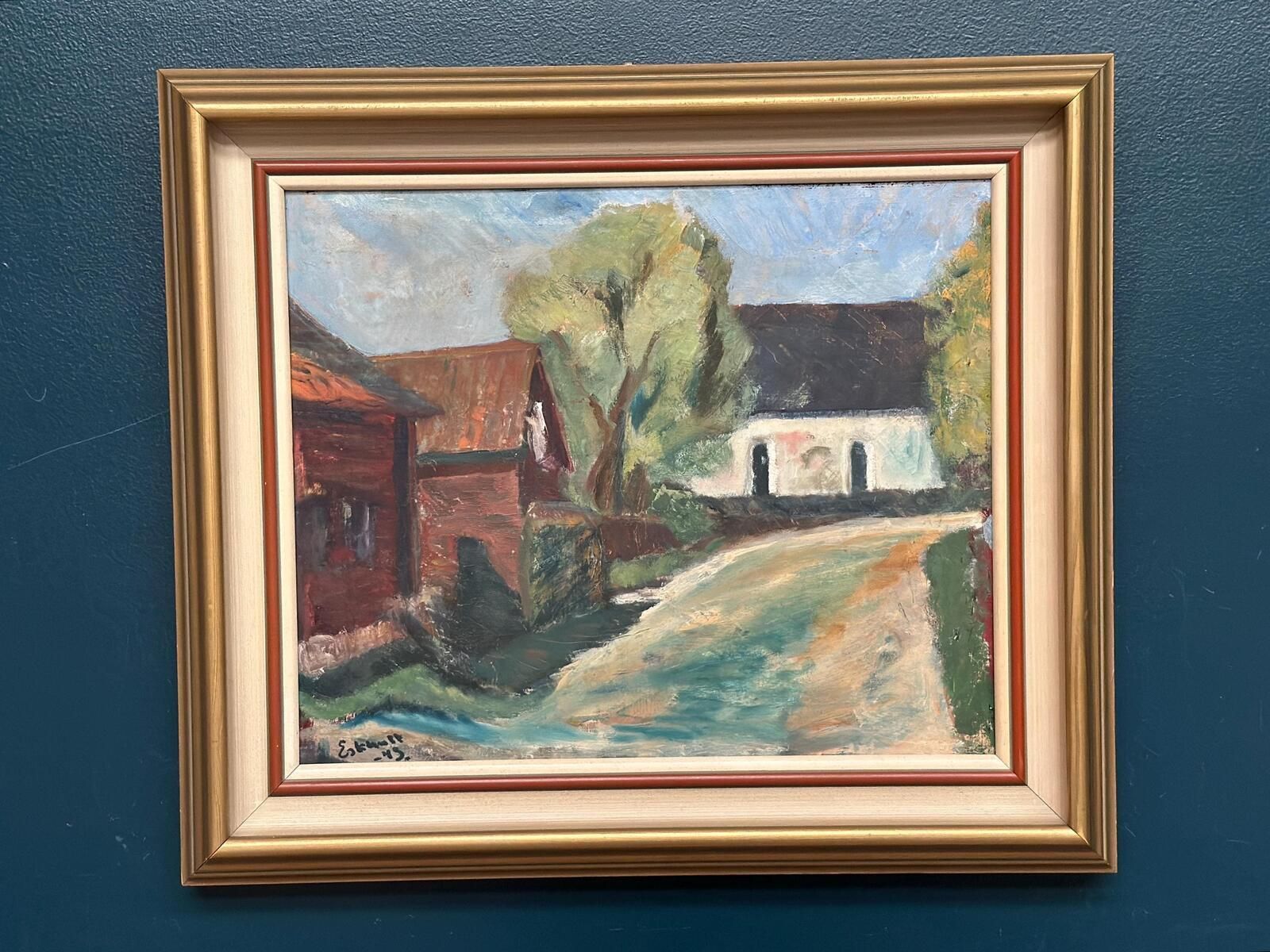 Original Mid Century Swedish Oil On Canvas – “Suburbia” By Erik Hult Vintage – Framed 60 × 52 Cm (23.6" × 20.5") photo Art