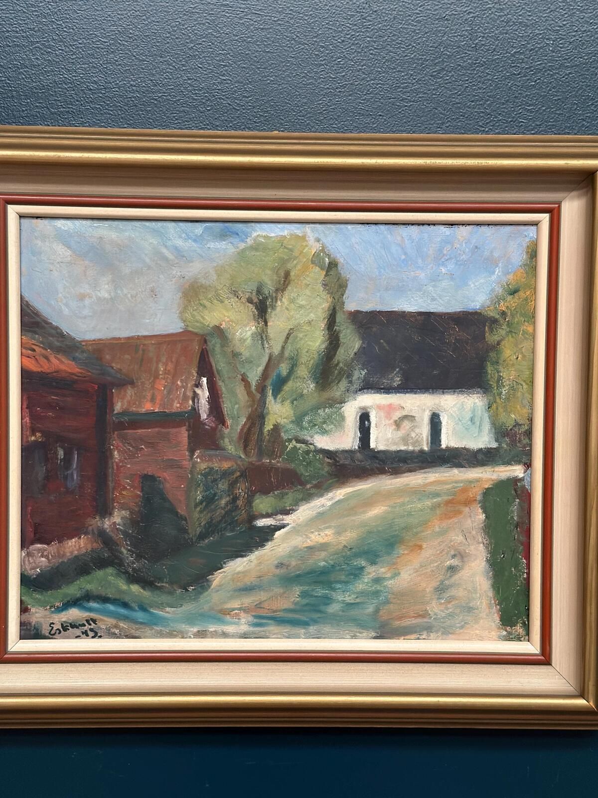 Original Mid Century Swedish Oil On Canvas – “Suburbia” By Erik Hult Vintage – Framed 60 × 52 Cm (23.6" × 20.5") photo vinterior