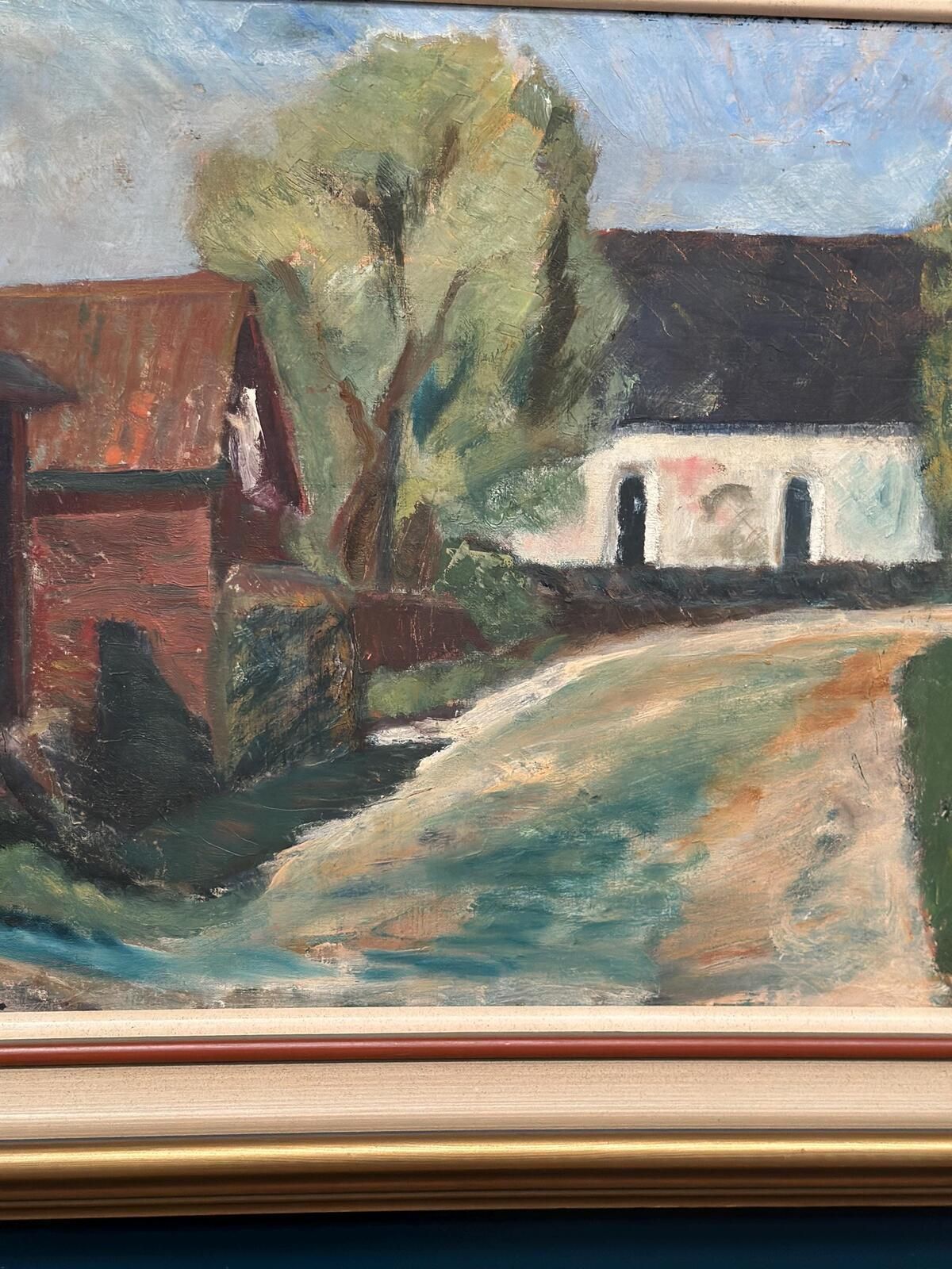 345.0 Original Mid Century Swedish Oil On Canvas – “Suburbia” By Erik Hult Vintage – Framed 60 × 52 Cm (23.6" × 20.5") photo