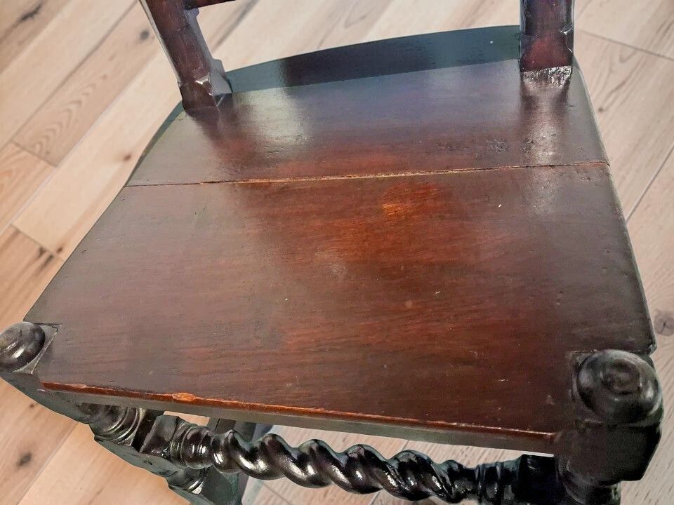 Antique Gothic Revival Oak Hall Chair With Carved Flowers & Barley Twist photo vinterior