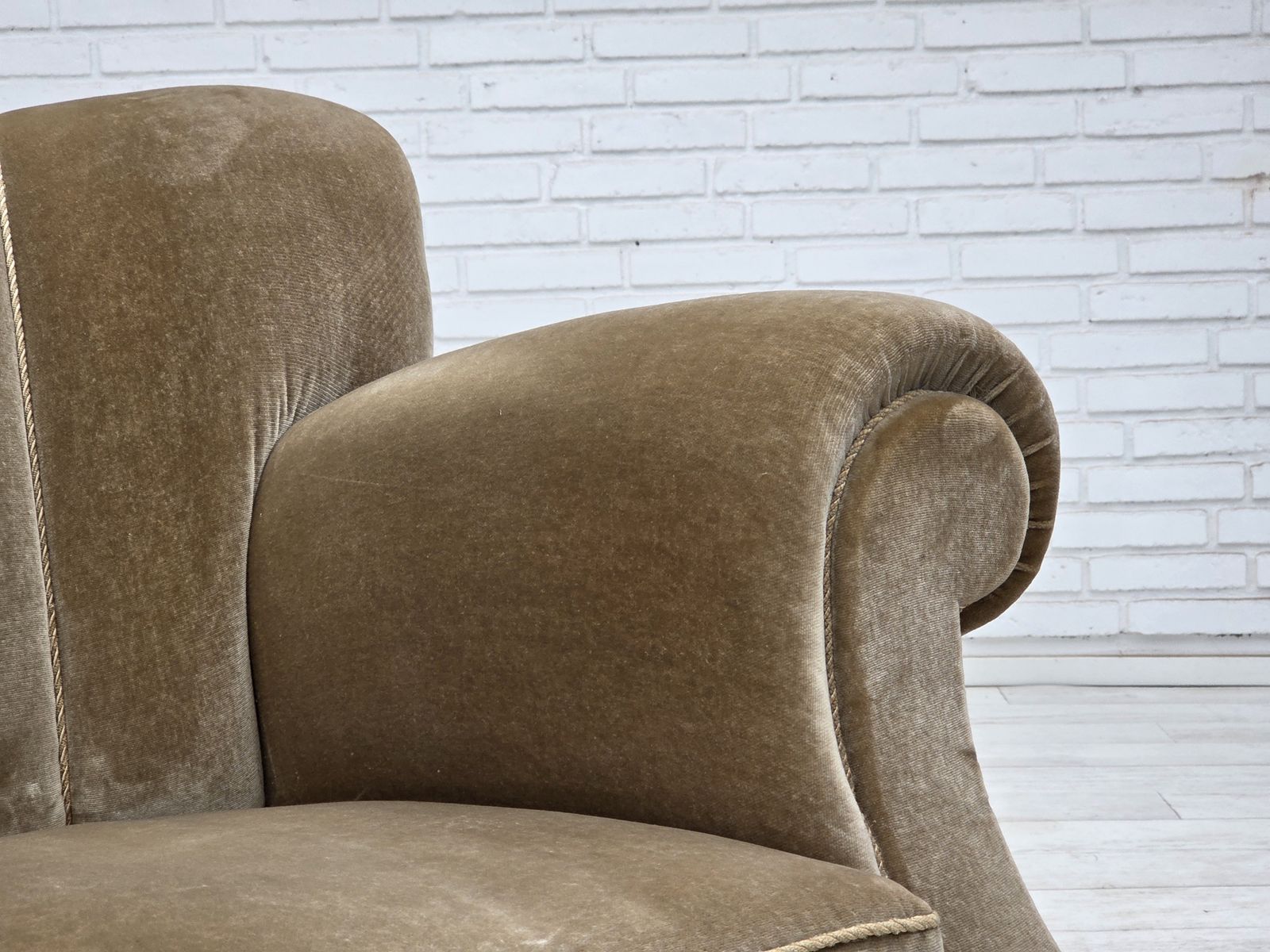 1960s, Danish 3 Seater Sofa, Green Furniture Velour, Oak Wood Legs. photo 1990.0