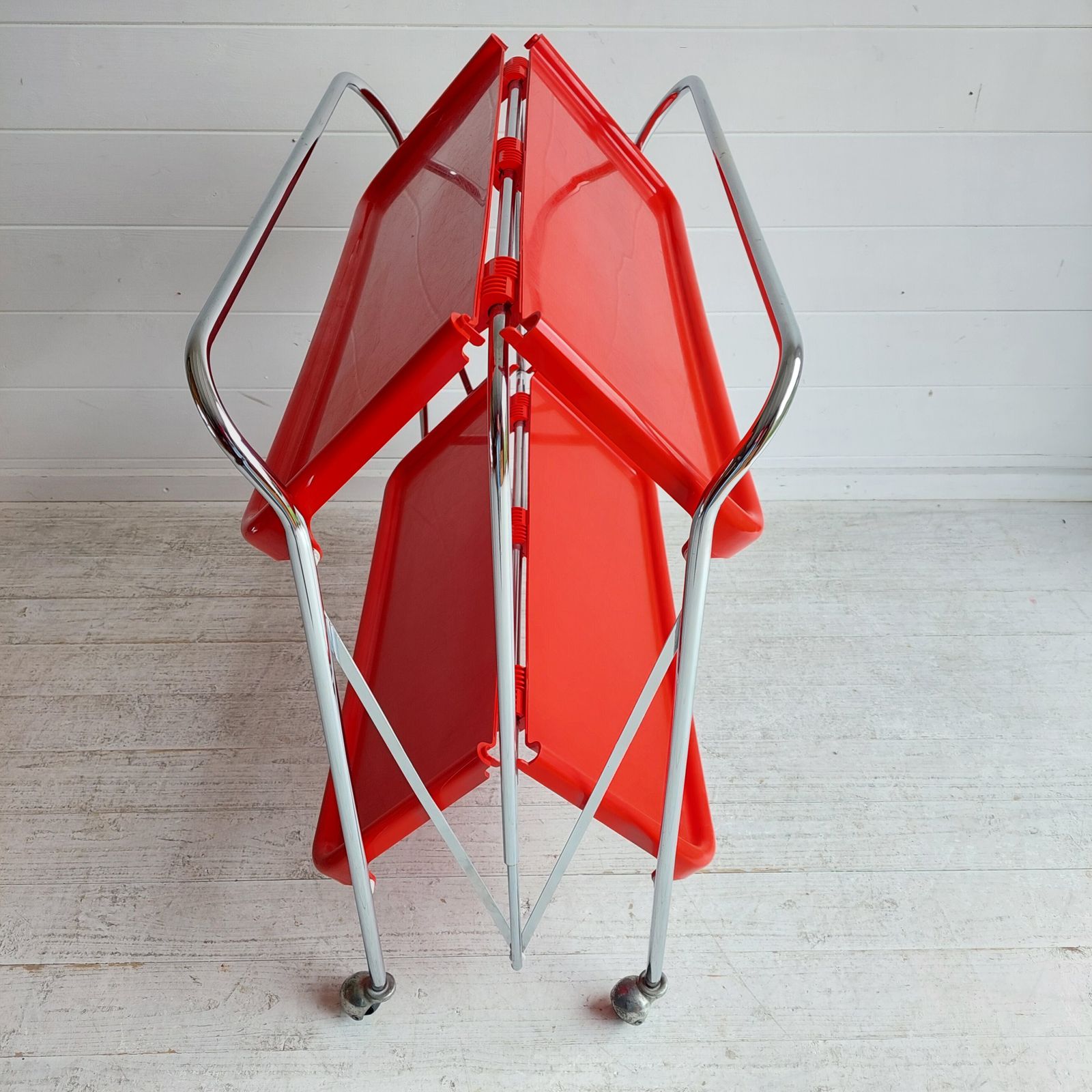 Mid Century Italian Ellisse Folding Trolley Postmodern Red & Chrome Drinks Cart 80s photo 250.0