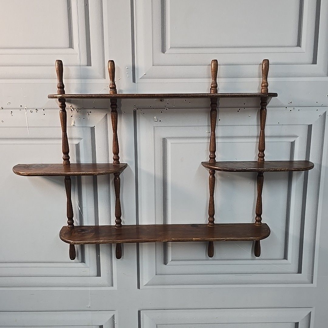Vintage French Wall Shelf Wooden Shelf Shelving Unit Turned Farmhouse Rustic photo for sale