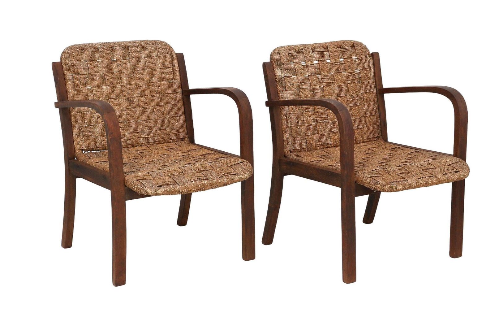 Pair Of Mid Century Armchairs With Woven Rope, Audoux   Minnet, Fr Ca. 1950