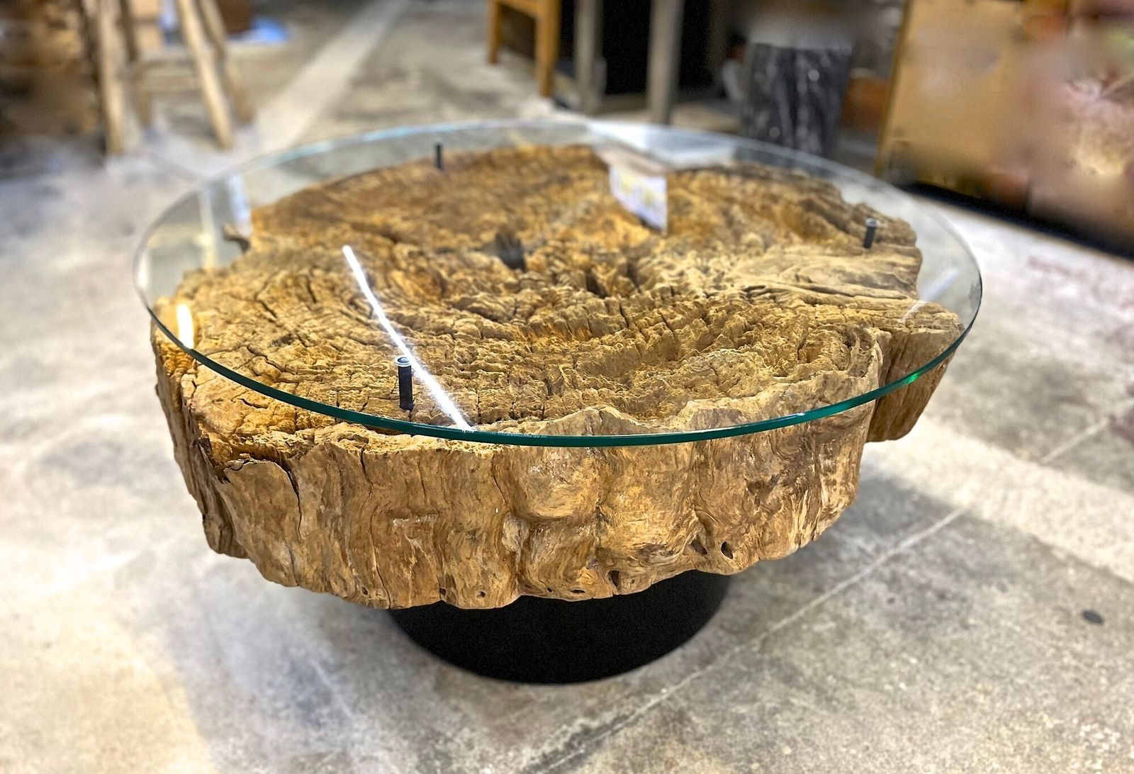 Modern Organic Driftwood Coffee Table With Glass Top, Black Steel Base, Idn 2025 photo furniture