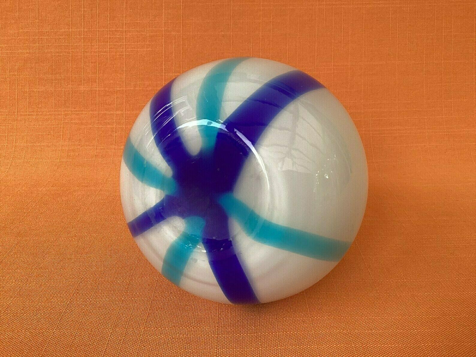 Mid Century Cased Glass Vase With Blue Striped Design, Hand Blown Candy Striped Glass Vase, Possibly Murano, Retro Blue & White Striped Vase photo vinterior