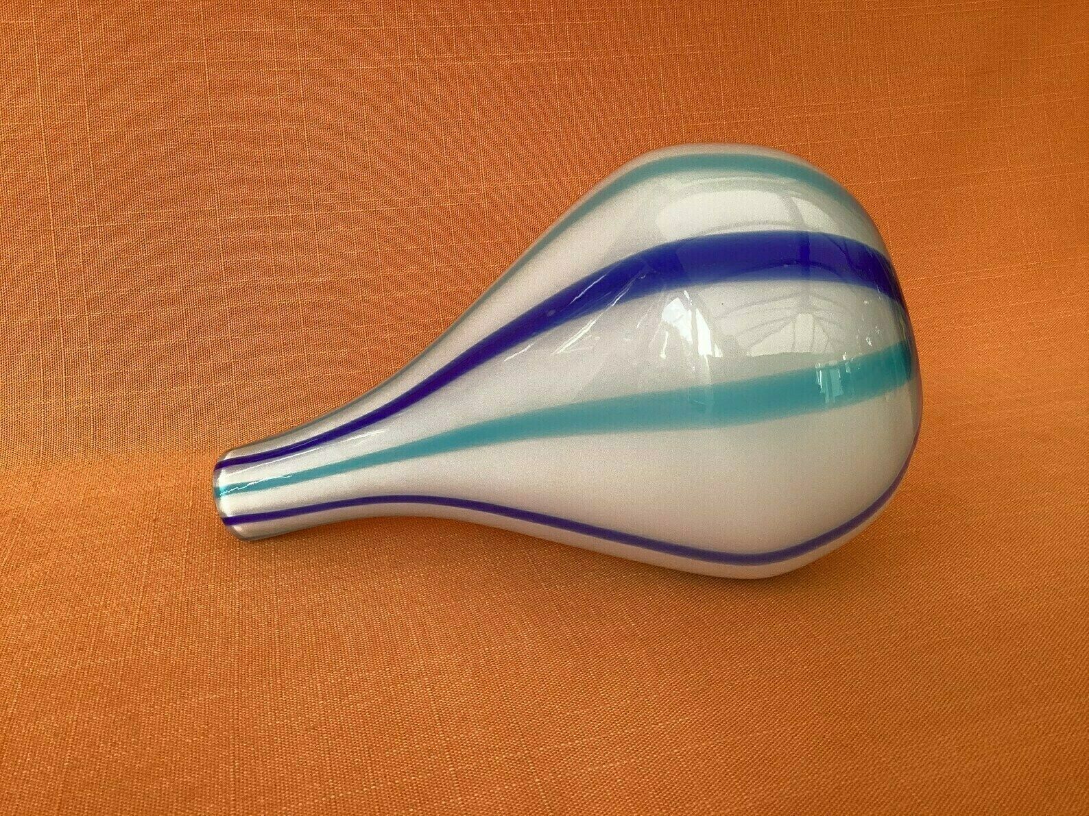 Mid Century Cased Glass Vase With Blue Striped Design, Hand Blown Candy Striped Glass Vase, Possibly Murano, Retro Blue & White Striped Vase photo vintage