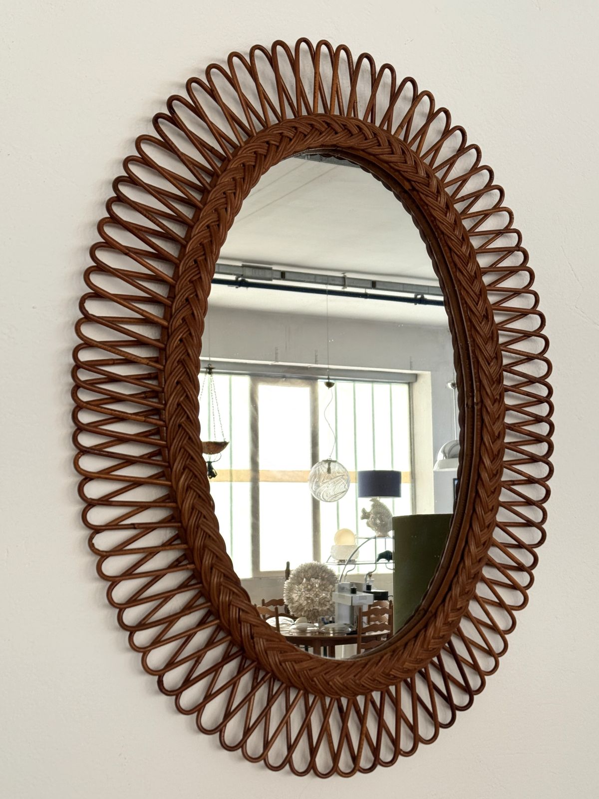 Italian Wall Mirror With Organic Bamboo And Wicker Frame, 1960s photo vinterior