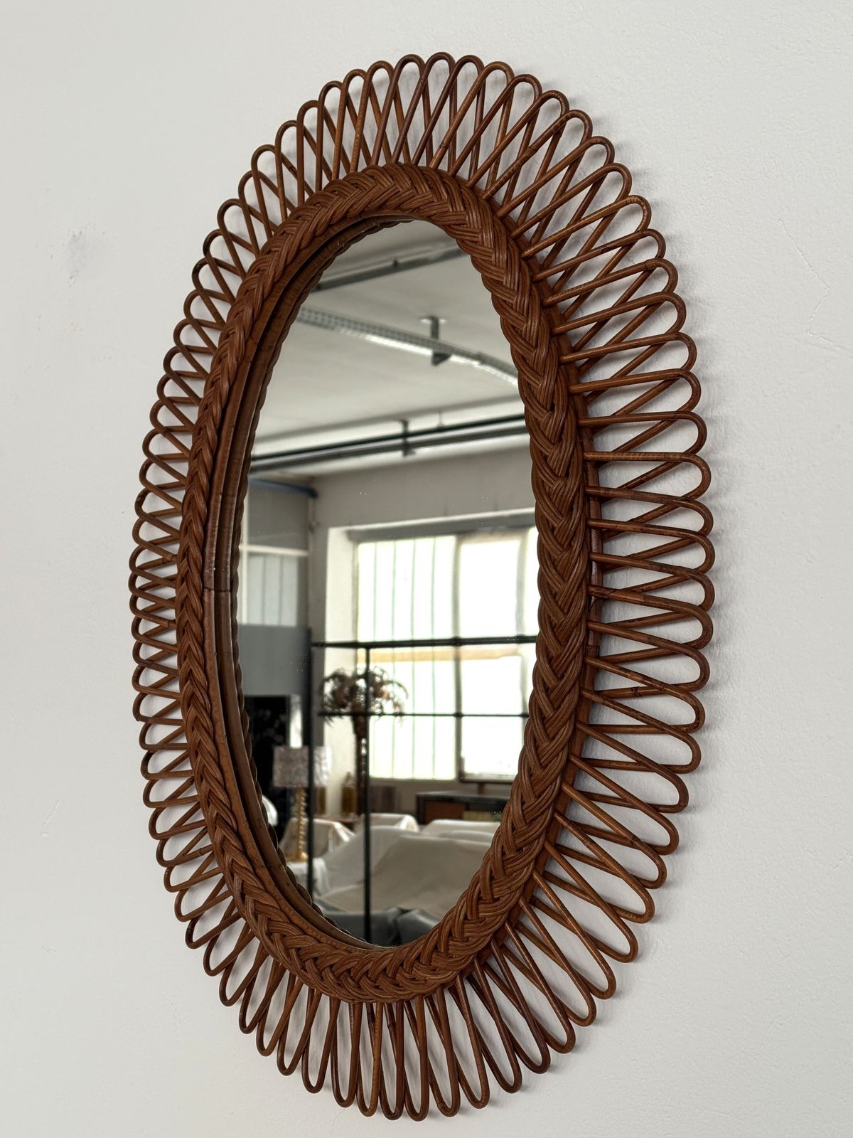 Italian Wall Mirror With Organic Bamboo And Wicker Frame, 1960s photo buy