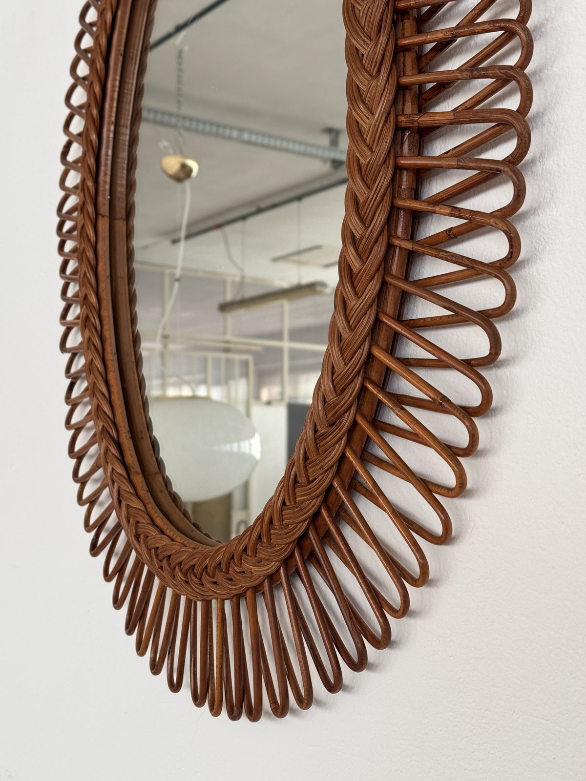 Italian Wall Mirror With Organic Bamboo And Wicker Frame, 1960s photo vintage