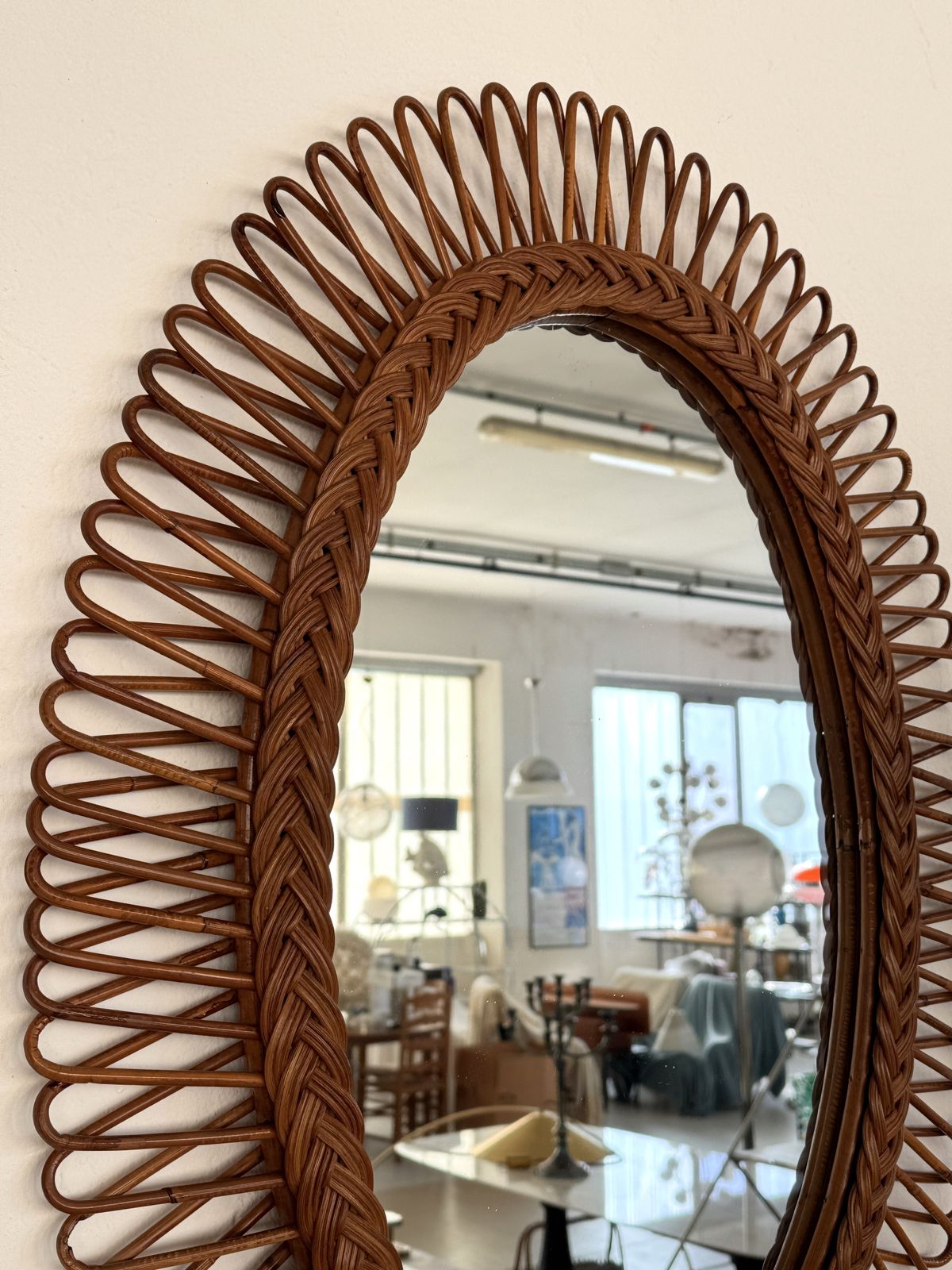 photo for sale Italian Wall Mirror With Organic Bamboo And Wicker Frame, 1960s