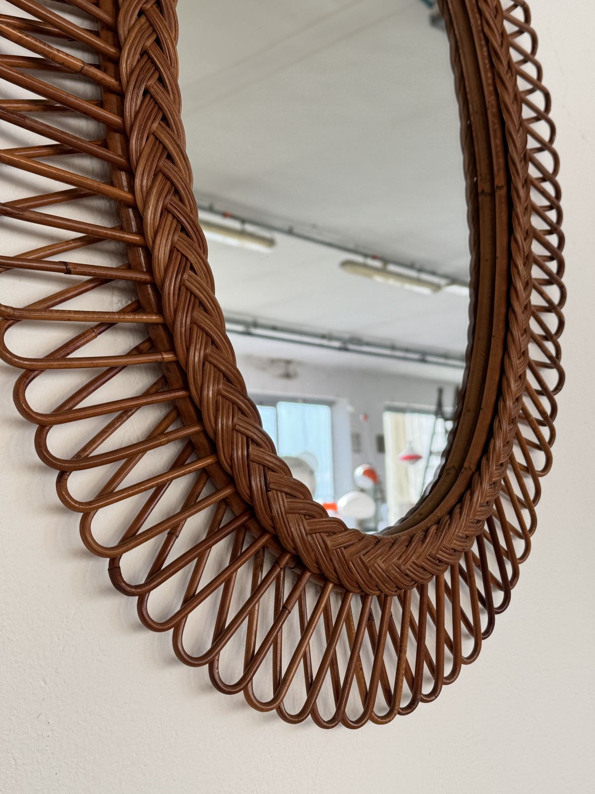 Home Decor Italian Wall Mirror With Organic Bamboo And Wicker Frame, 1960s photo
