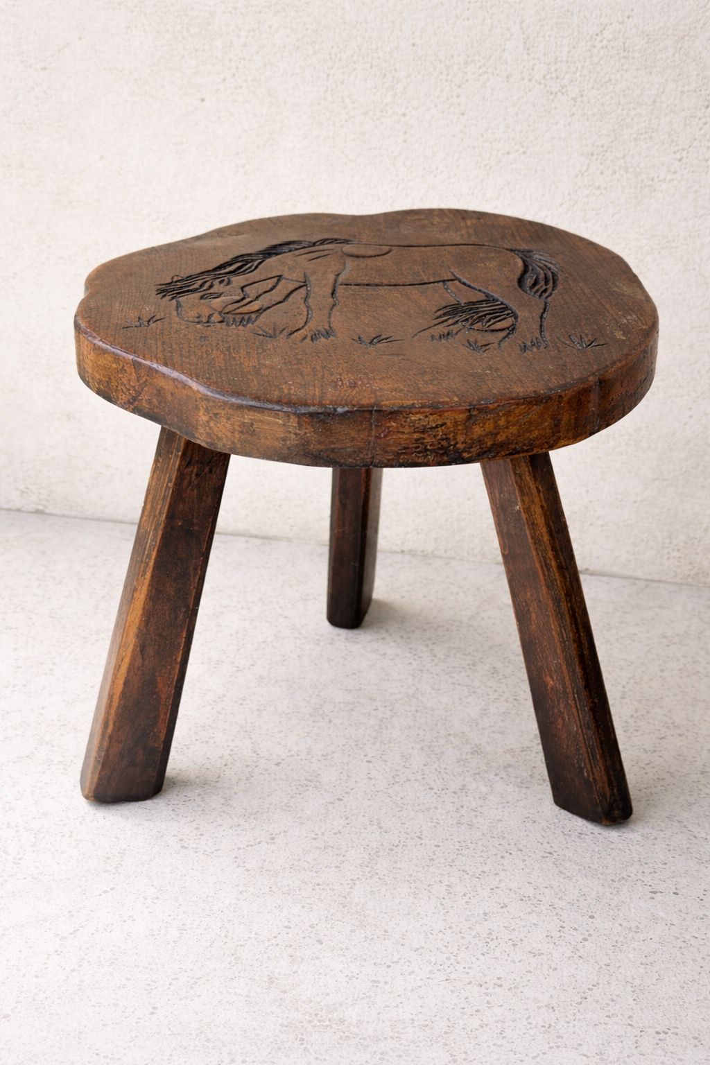 Hand Carved Pony Stool – Rustic Folk Art Oak Milking Stool