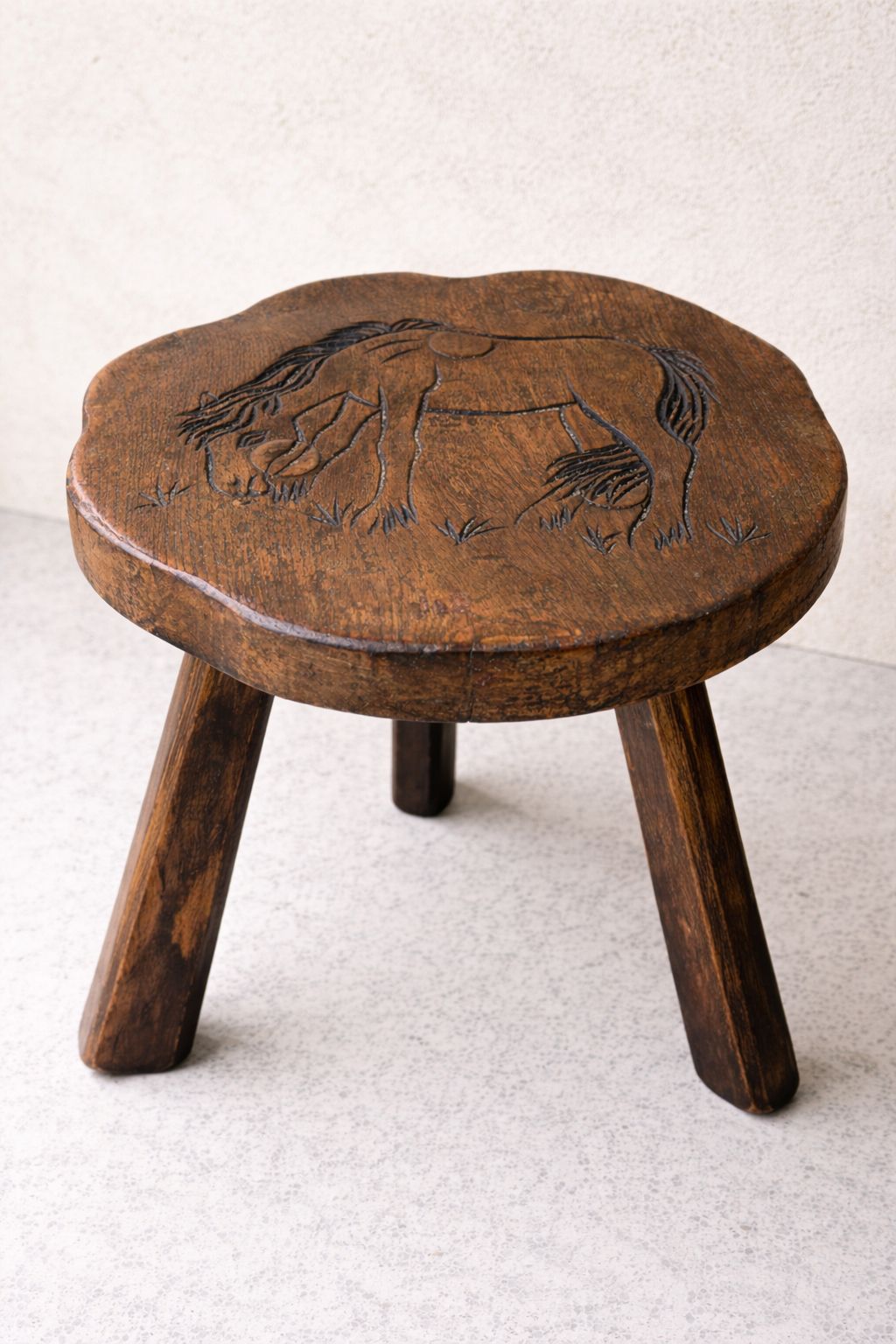 Hand Carved Pony Stool – Rustic Folk Art Oak Milking Stool photo furniture