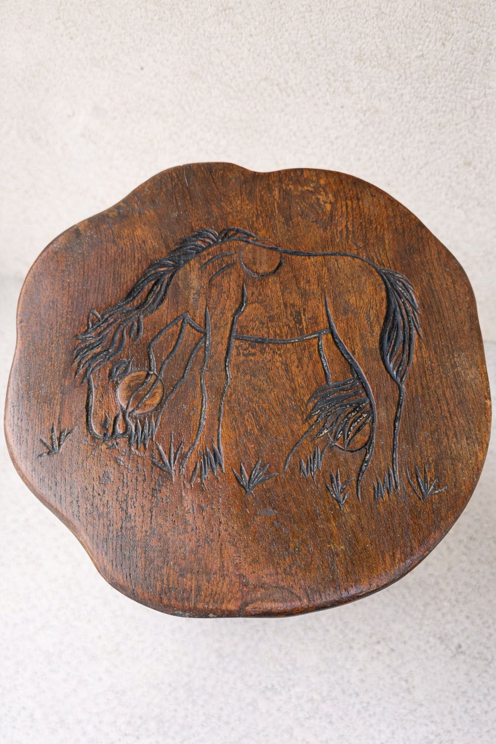 Hand Carved Pony Stool – Rustic Folk Art Oak Milking Stool photo for sale
