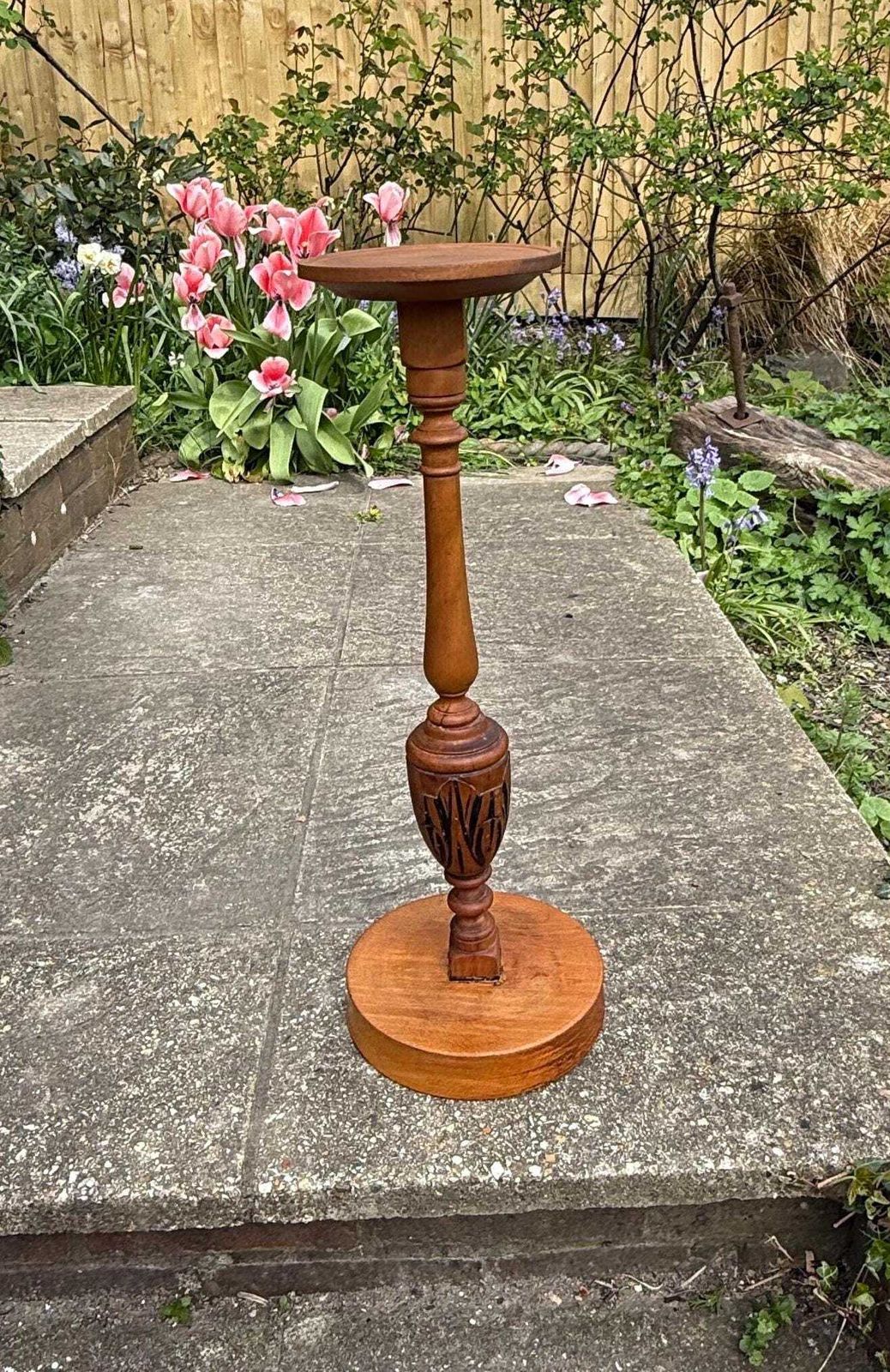 Vintage Wooden Plant Stand | 1970s Handcrafted Turned Wood Pedestal Stand | Folk Style Display Stand