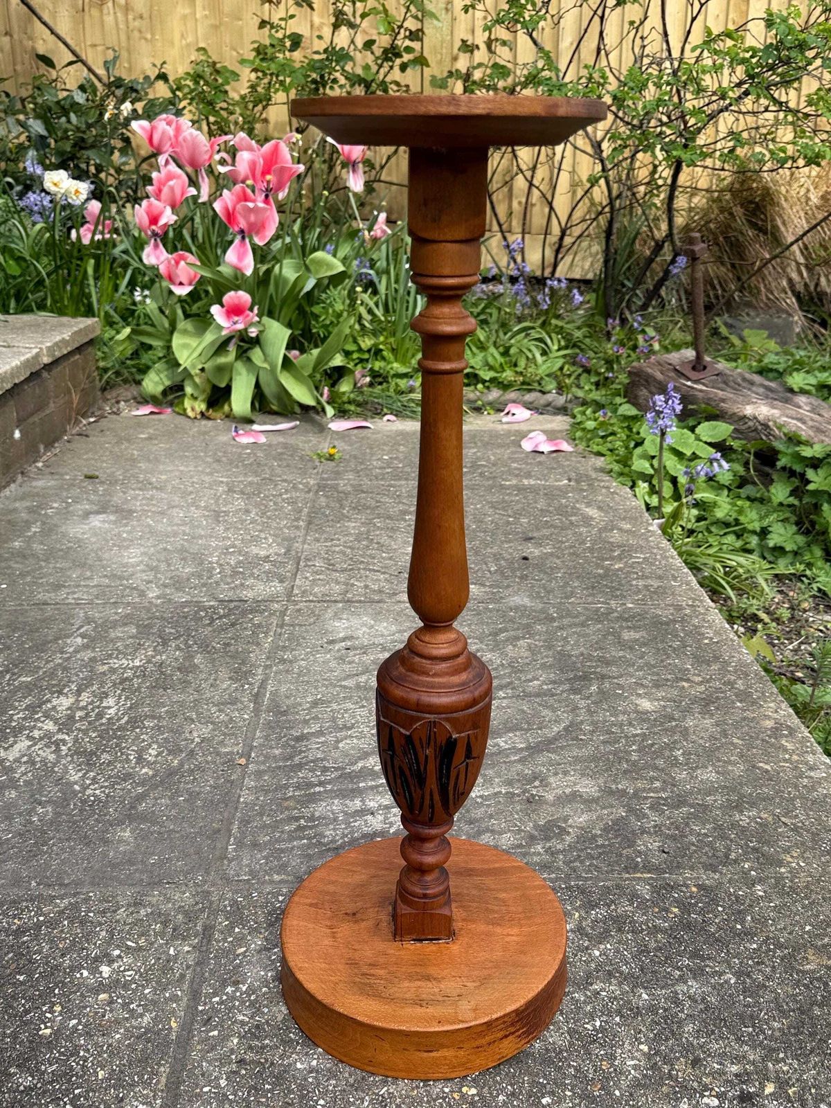 95.0 Vintage Wooden Plant Stand | 1970s Handcrafted Turned Wood Pedestal Stand | Folk Style Display Stand photo