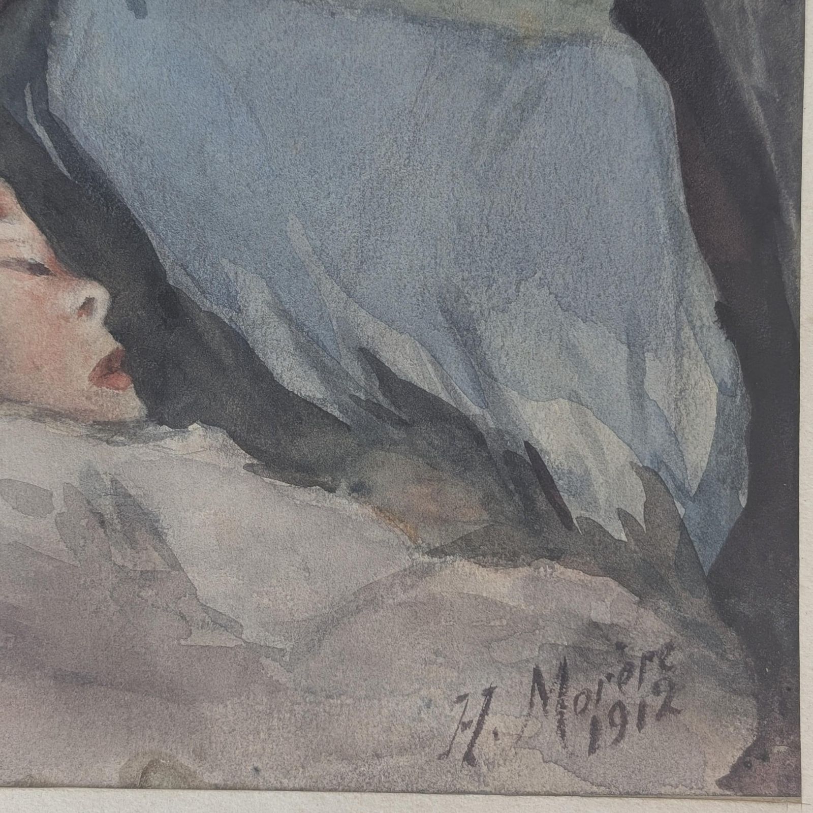 Antique French Watercolor Mother Child Portrait 1912 Signed Art photo for sale