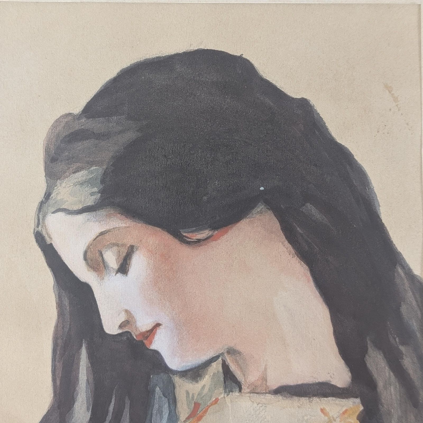 Antique French Watercolor Mother Child Portrait 1912 Signed Art photo Art