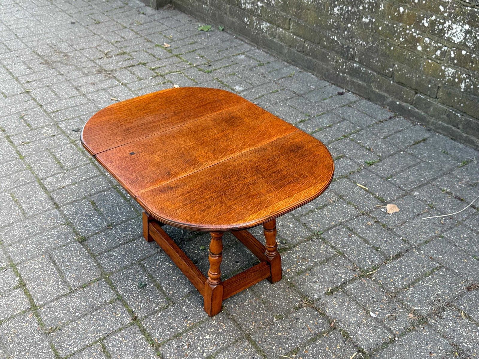 Vintage Oak Drop Leaf Table With Inlaid Edge Detail Turned Legs Farmhouse Style photo for sale