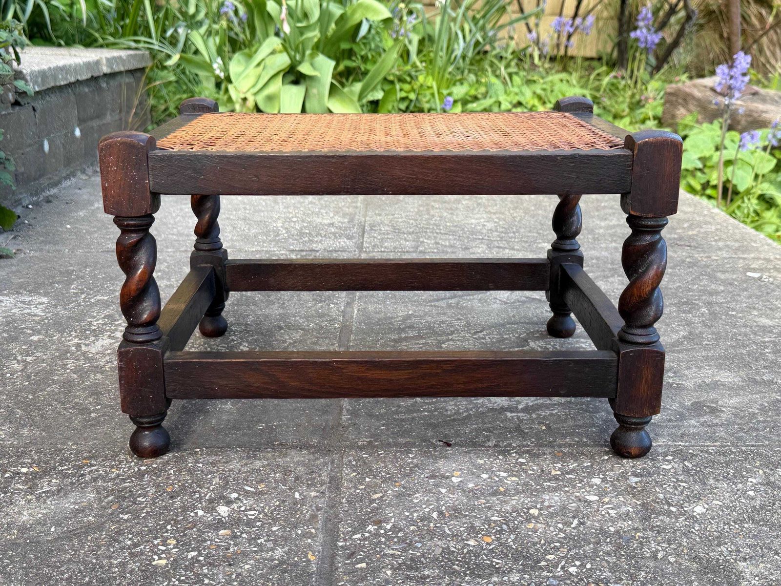Antique Edwardian Style Oak Cane Top Stool Woven Rattan Footstool Side Table photo for sale