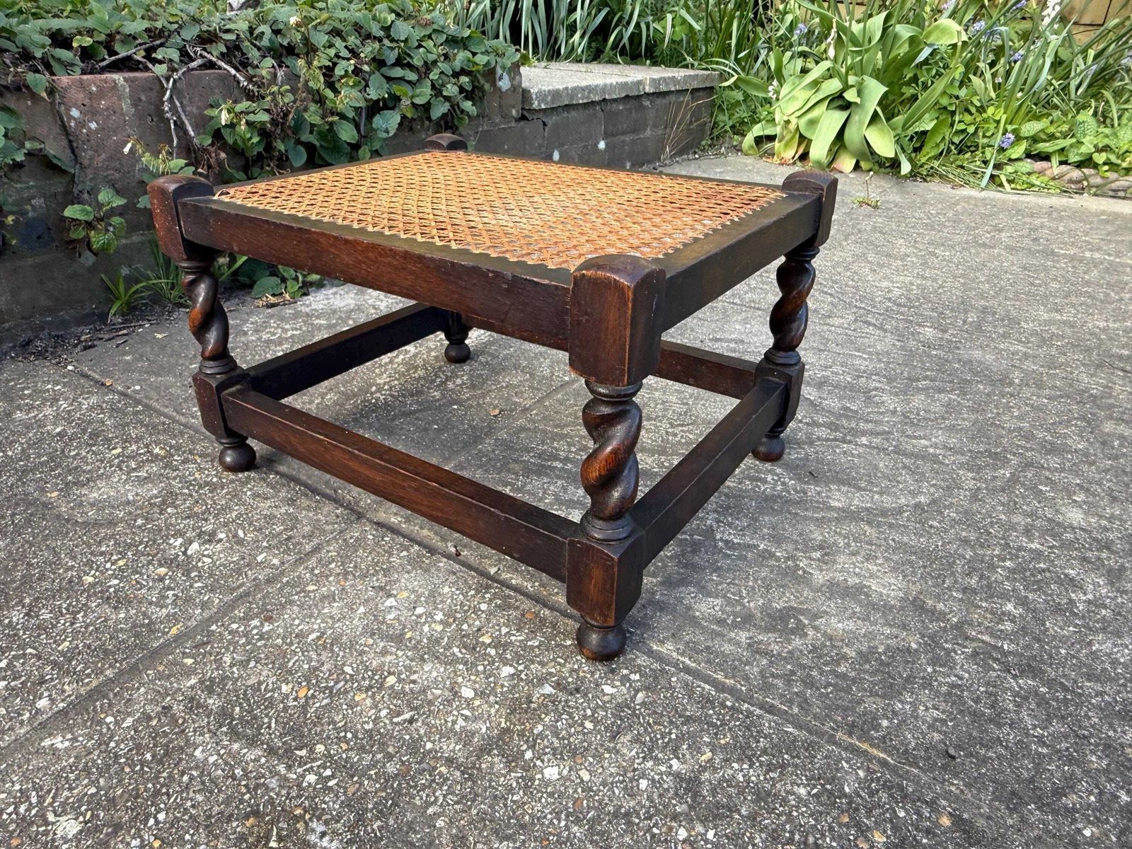 photo for sale Antique Edwardian Style Oak Cane Top Stool Woven Rattan Footstool Side Table