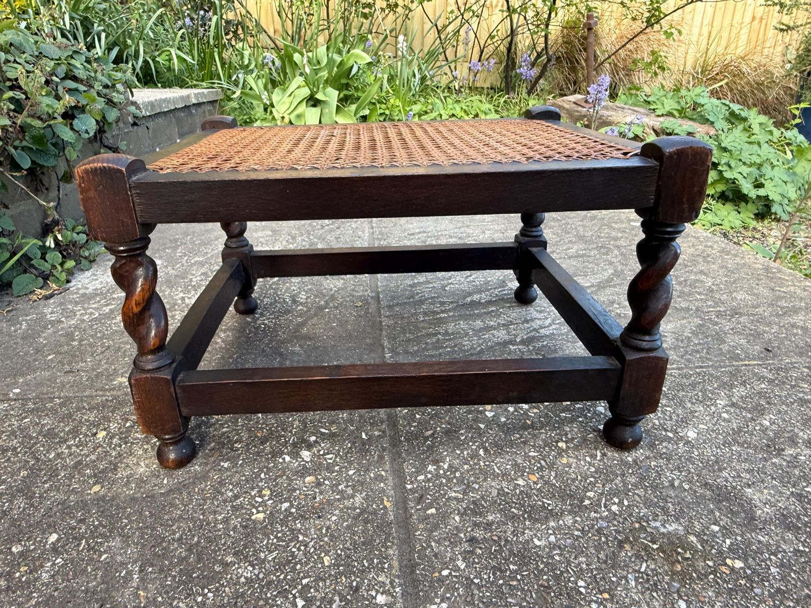 Furniture Antique Edwardian Style Oak Cane Top Stool Woven Rattan Footstool Side Table photo