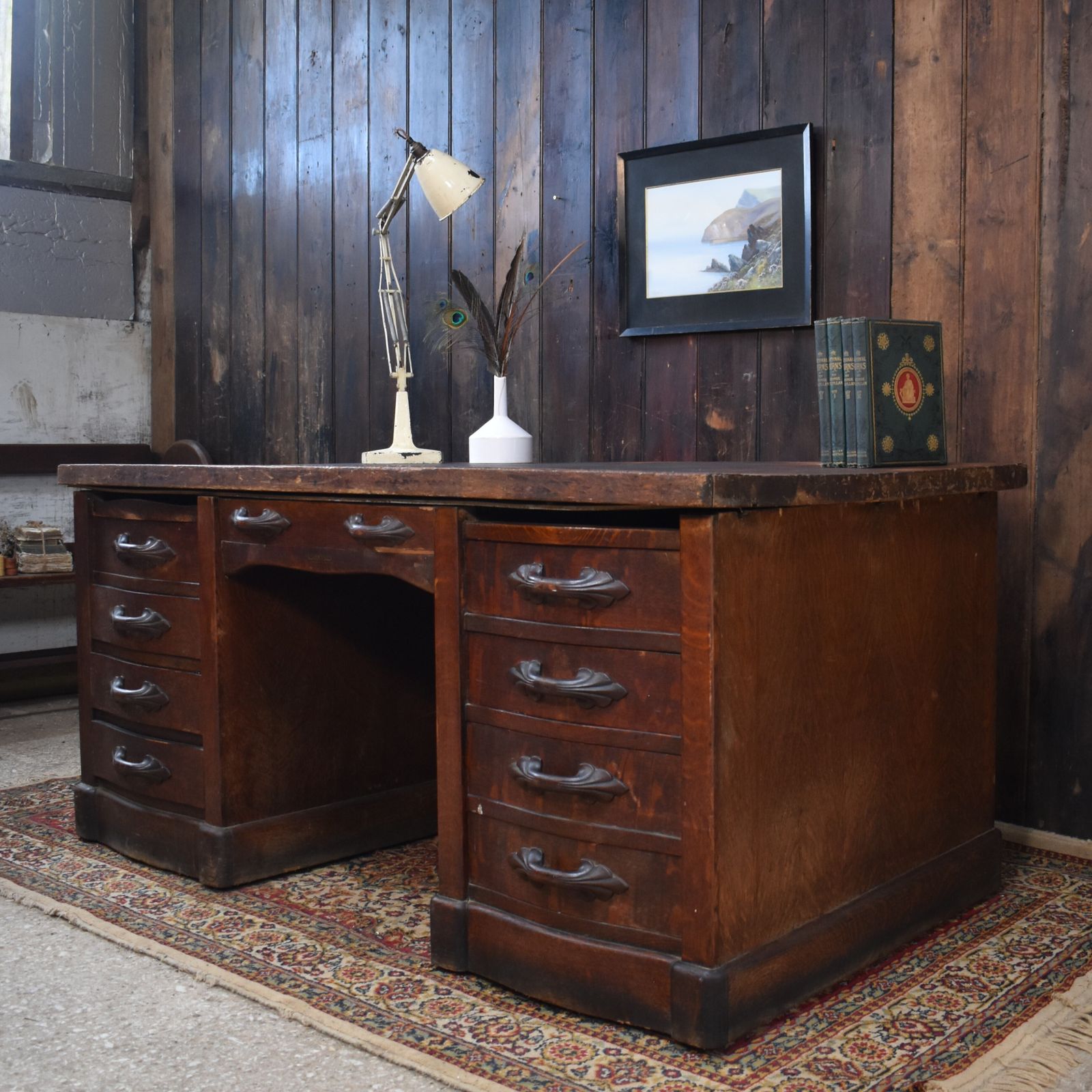 Antique Leyden And Van Beest Oak Twin Pedistal Country House Large Estate Desk photo furniture