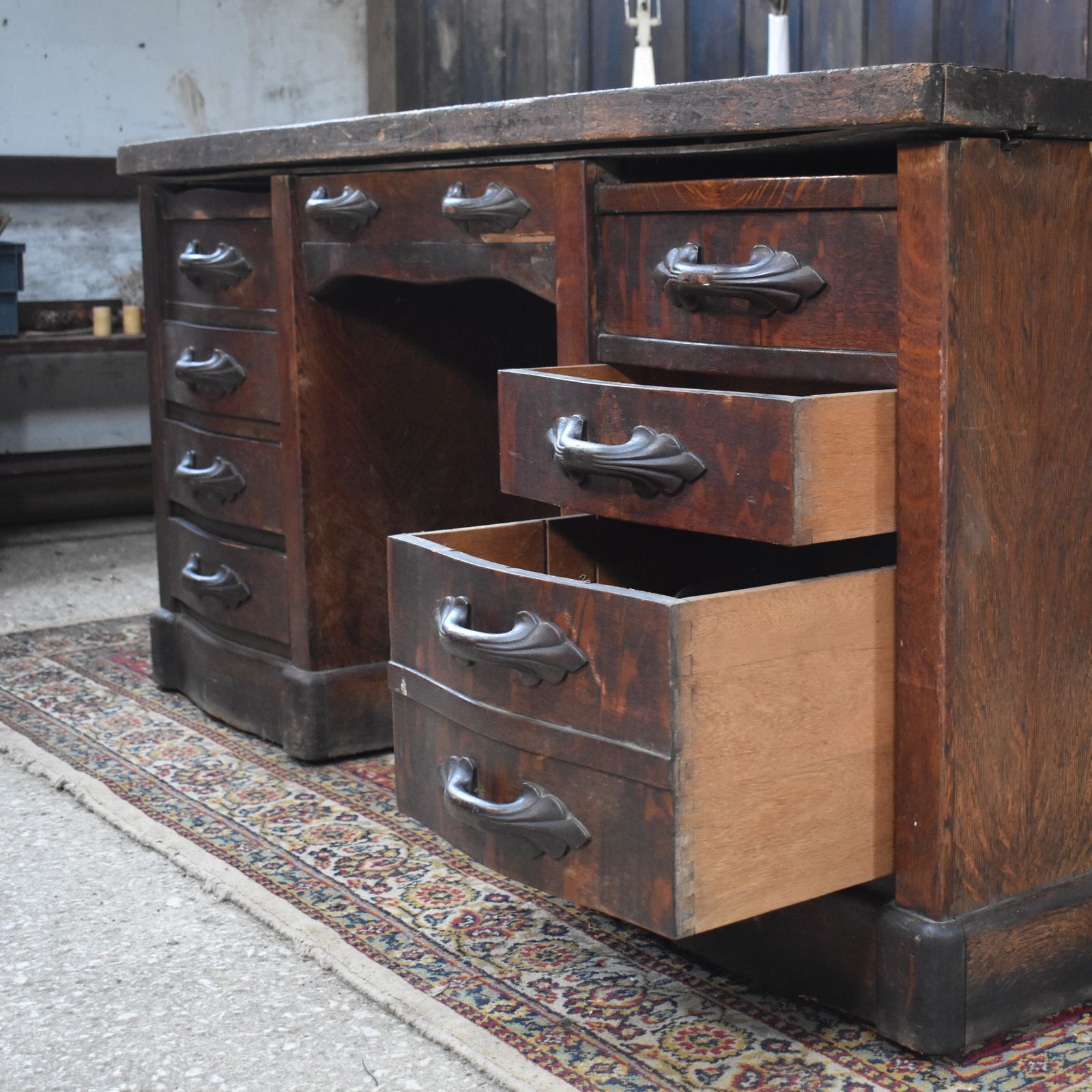 Antique Leyden And Van Beest Oak Twin Pedistal Country House Large Estate Desk photo for sale