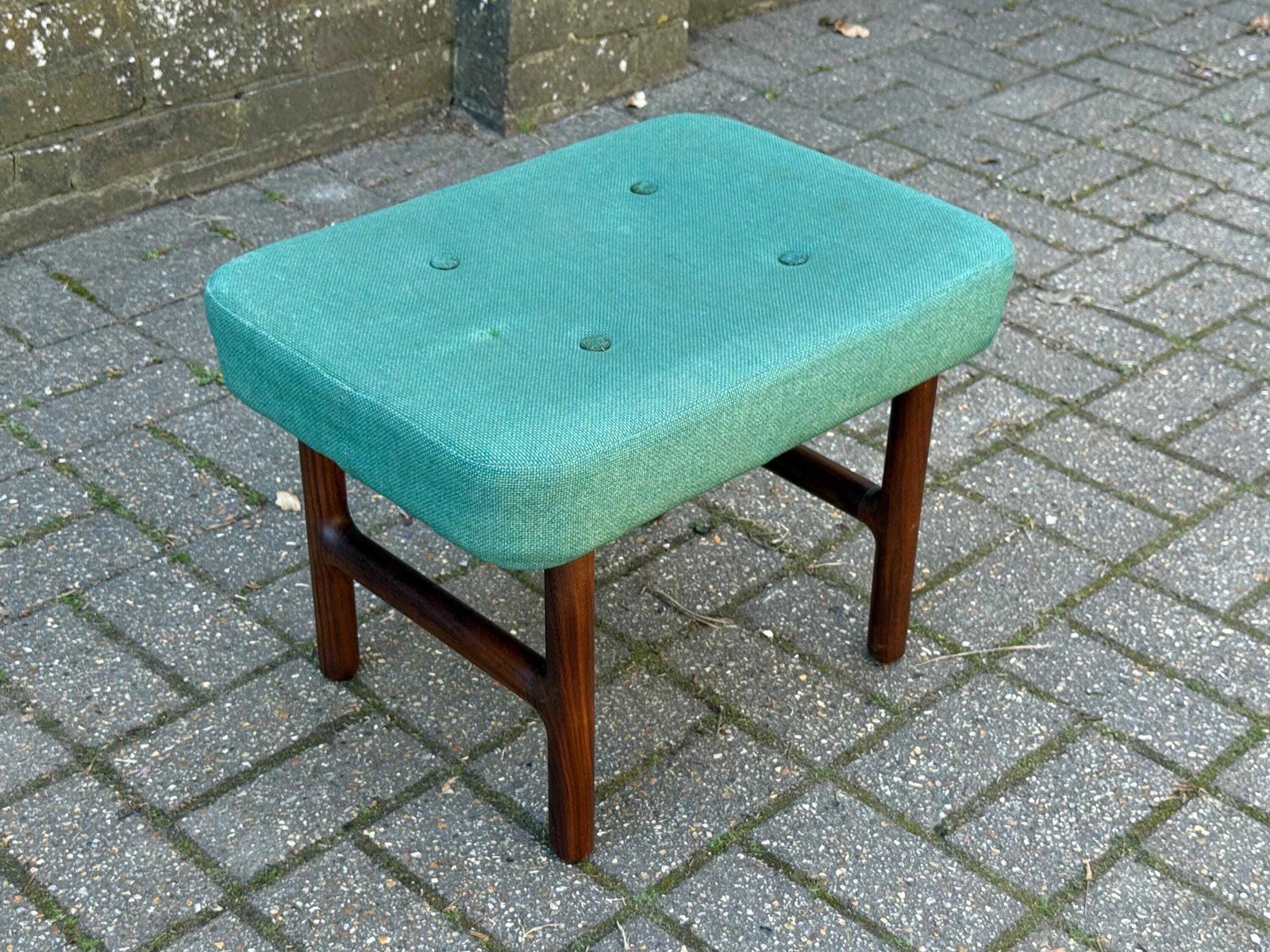 Mid Century Teak Upholstered Stool Green Fabric Footstool Retro Style photo Furniture