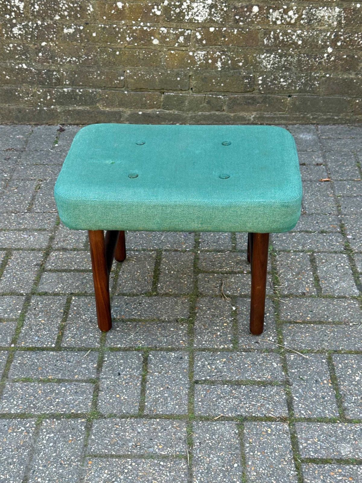 Mid Century Teak Upholstered Stool Green Fabric Footstool Retro Style photo 140.0