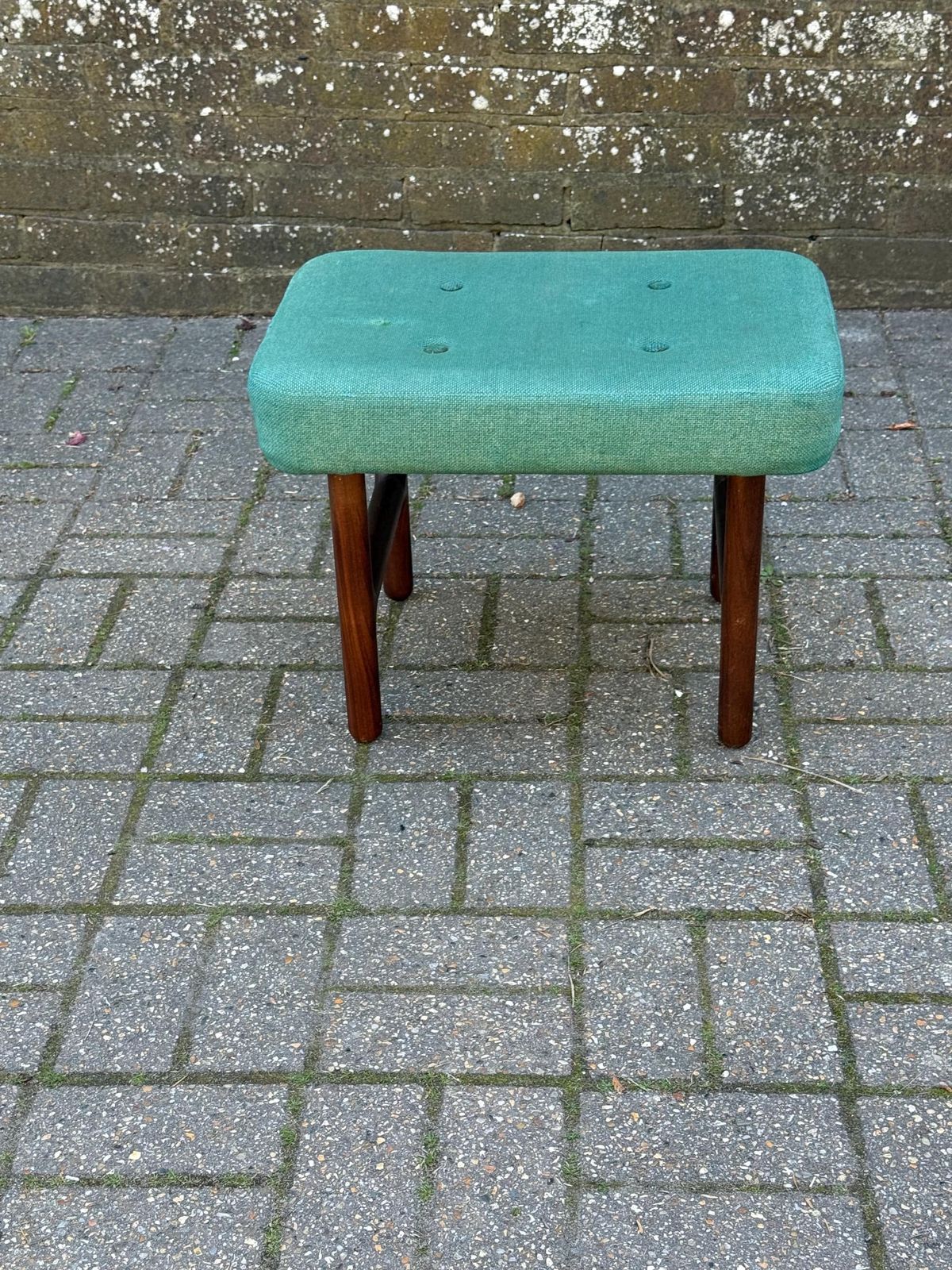 Mid Century Teak Upholstered Stool Green Fabric Footstool Retro Style photo buy