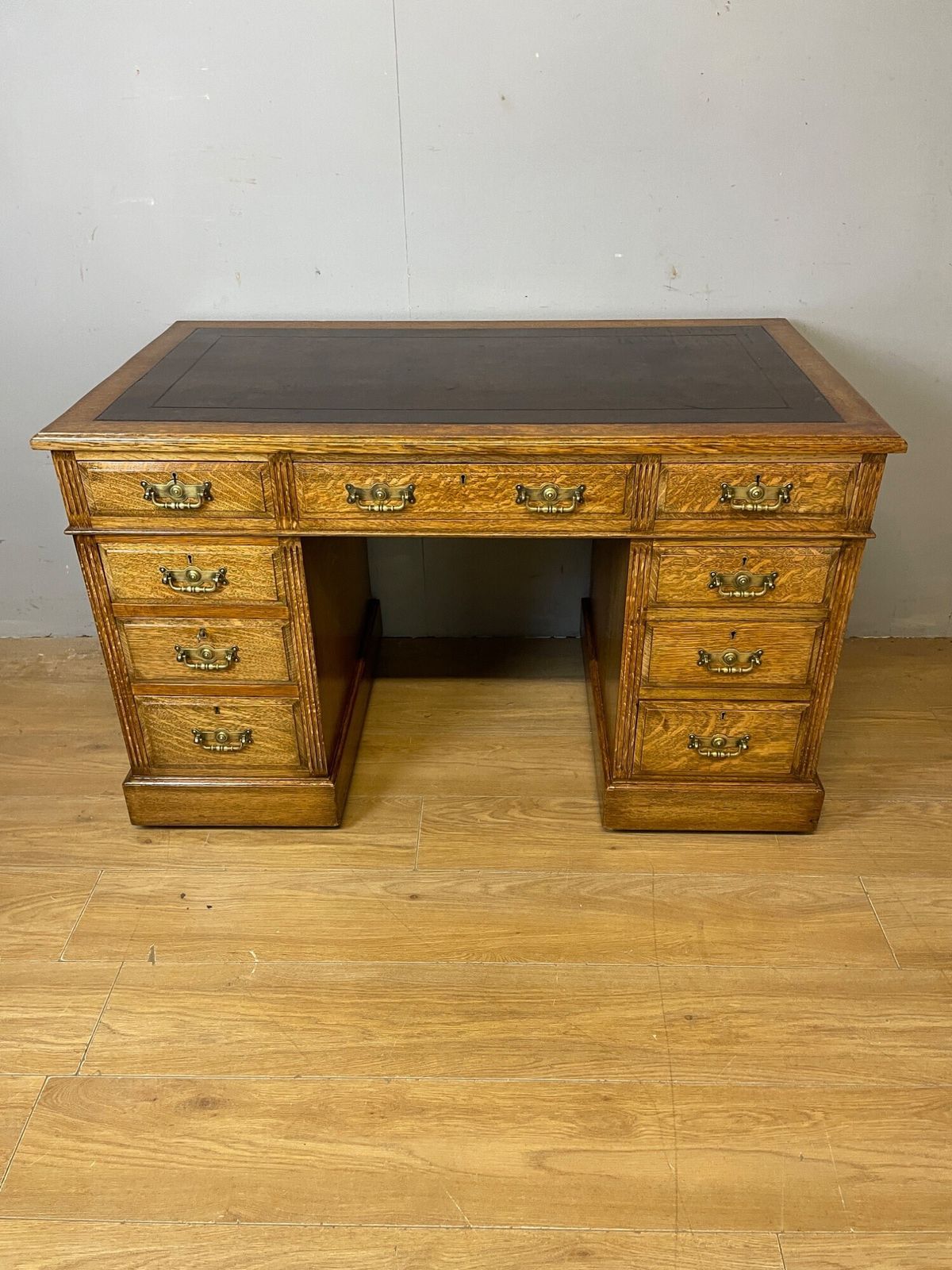 Arts And Crafts Golden Oak Three Part Desk With Inset Leather Top photo for sale