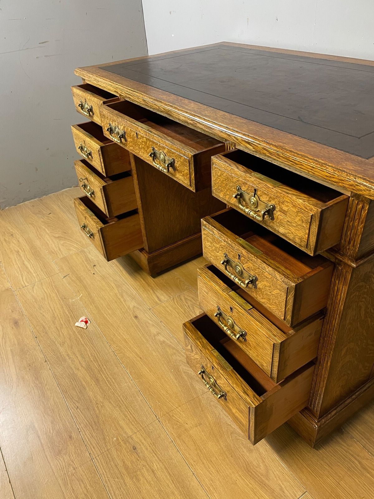 Arts And Crafts Golden Oak Three Part Desk With Inset Leather Top photo vintage