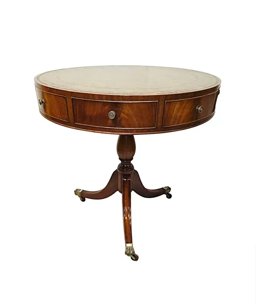 A Stunning Early 20th Century Leather Top Revolving Drum Table photo for sale