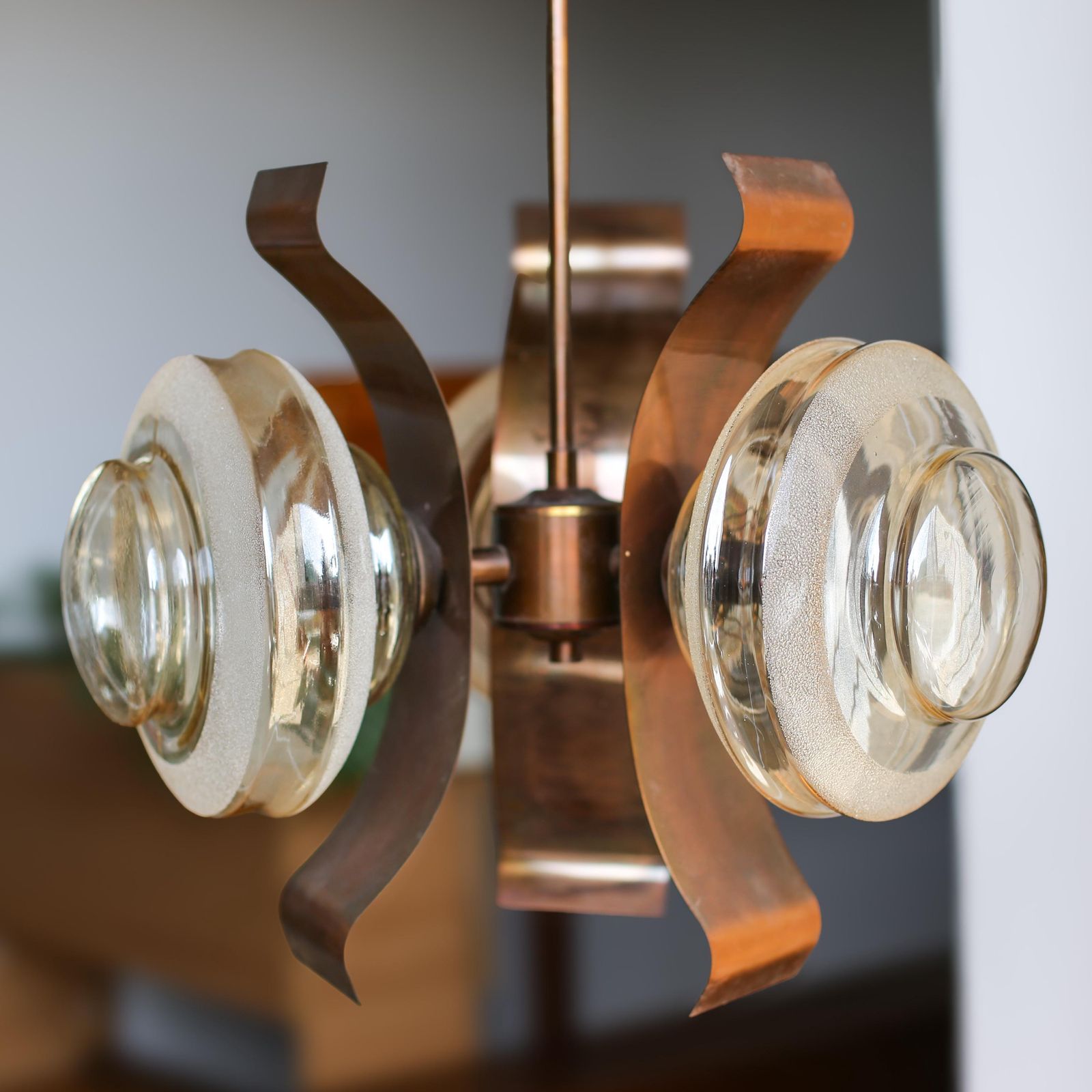 Mid Century Copper And Globe Hanging Light Fixture / Brutalist Copper Glass Sputnik Chandelier / Vintage Pendant Light / Yugoslavia Vintage