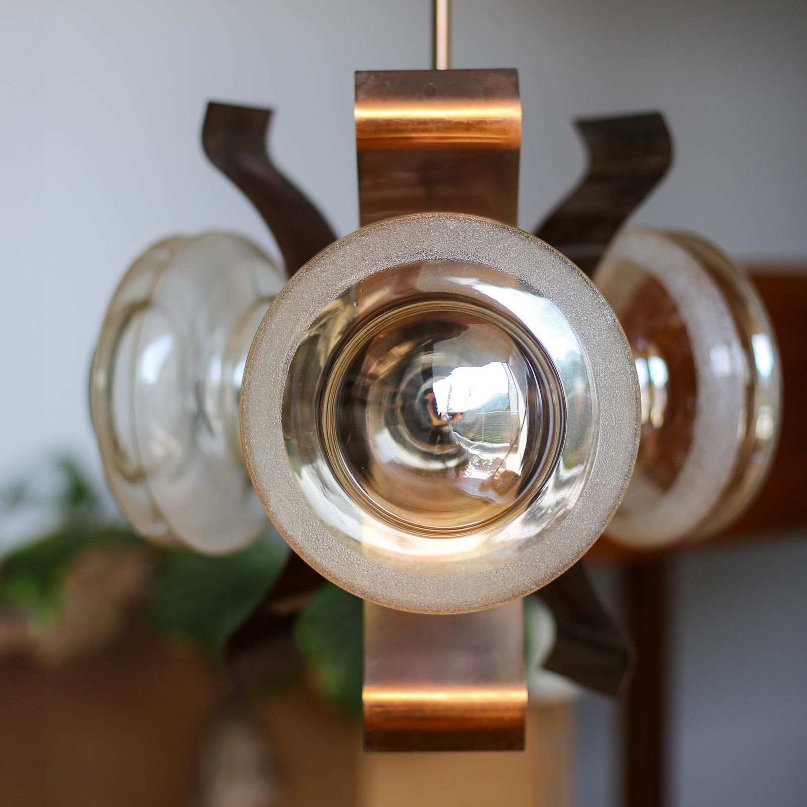 photo for sale Mid Century Copper And Globe Hanging Light Fixture / Brutalist Copper Glass Sputnik Chandelier / Vintage Pendant Light / Yugoslavia Vintage