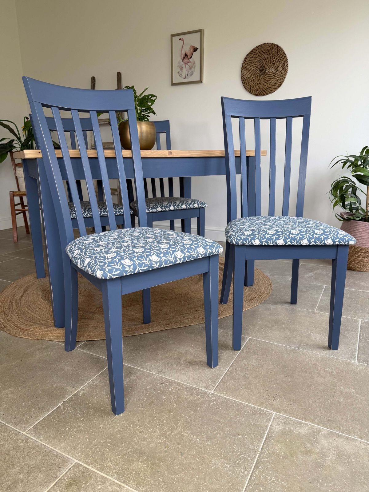 4 Seater Rustic Dining Table And Chairs Painted Blue With Patterned Fabric Cushioned Seats photo Furniture