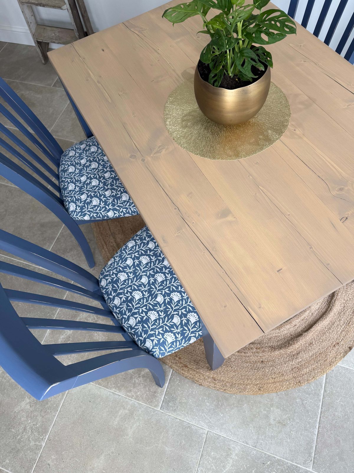 photo for sale 4 Seater Rustic Dining Table And Chairs Painted Blue With Patterned Fabric Cushioned Seats