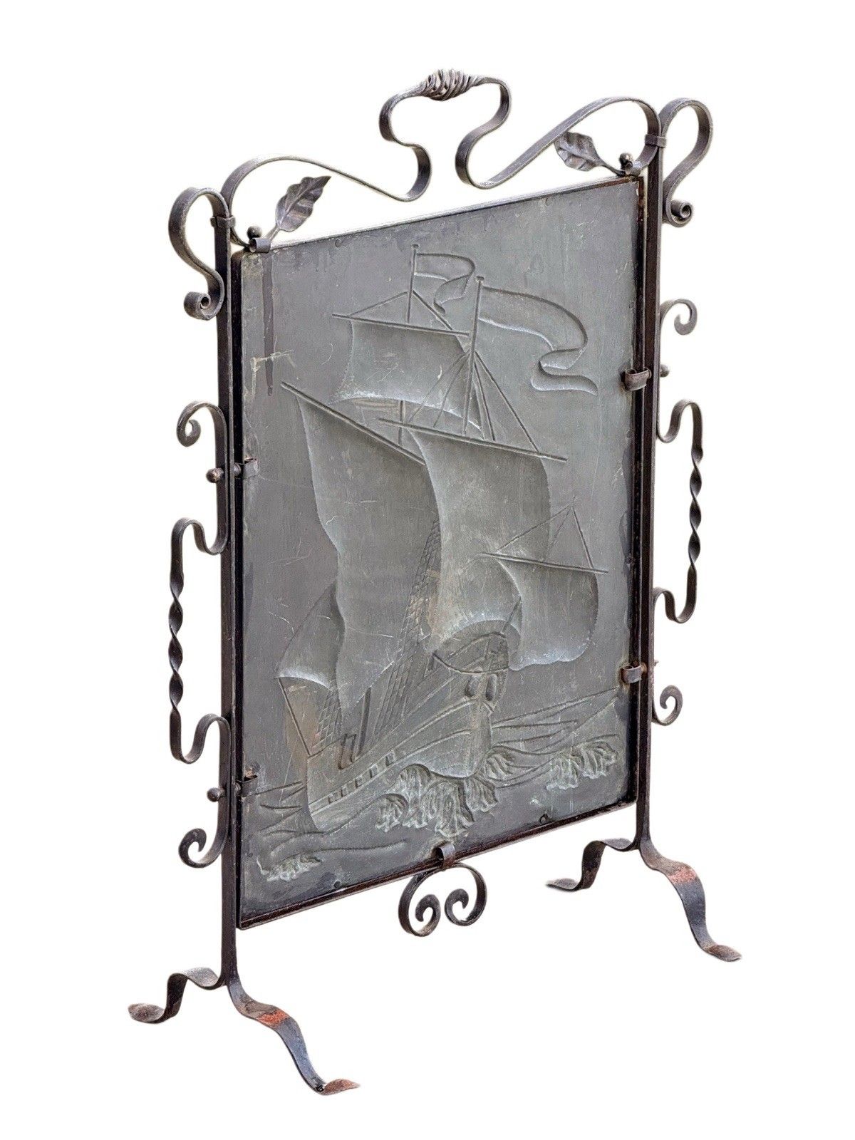 Arts & Crafts Newlyn School Wrought Iron & Copper Repousse Galleon Fire Screen photo furniture