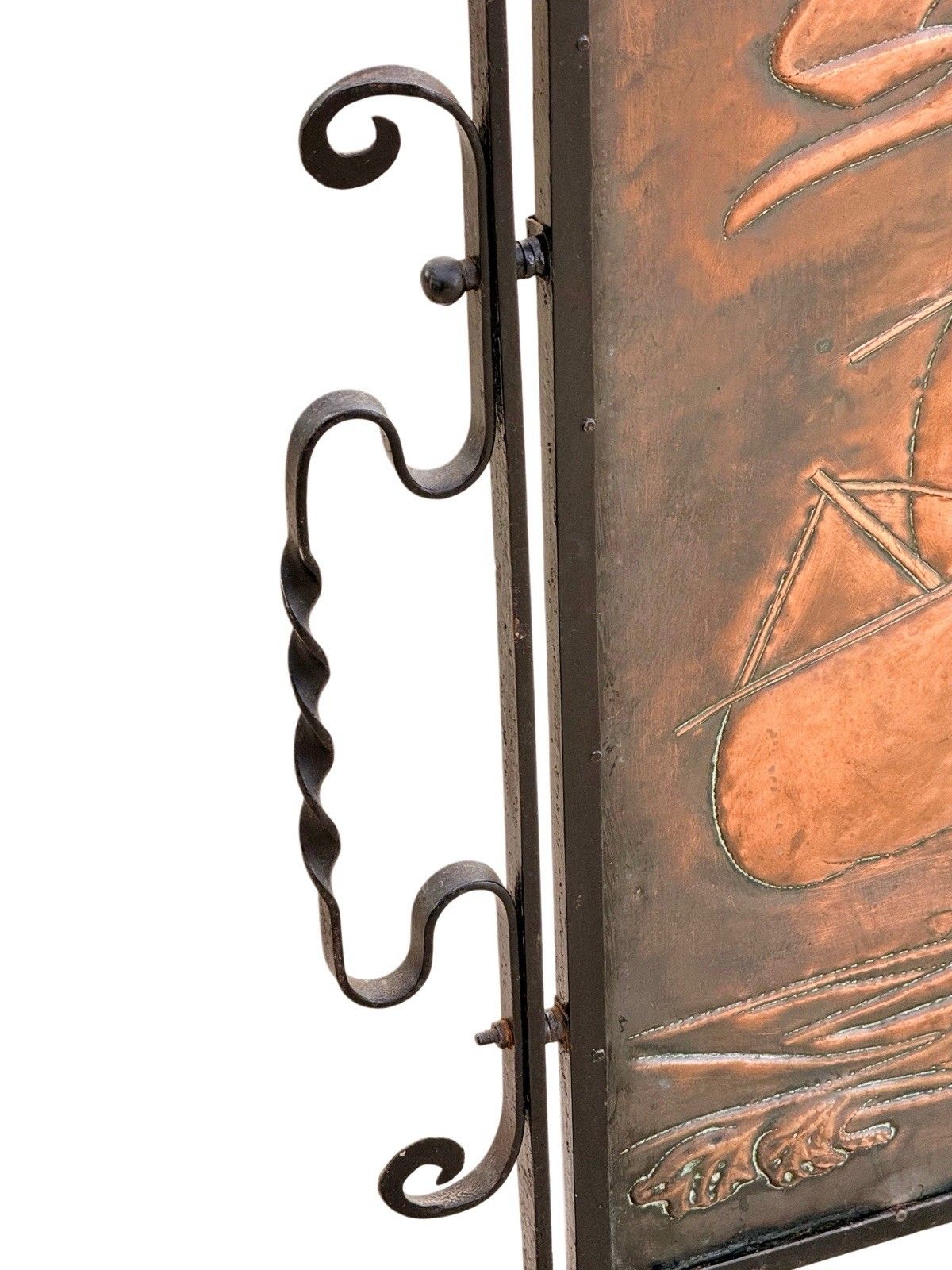 Arts & Crafts Newlyn School Wrought Iron & Copper Repousse Galleon Fire Screen photo vintage