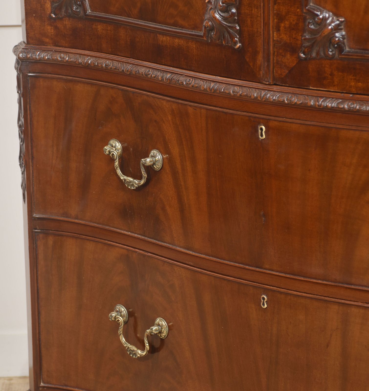 Figured Mahogany Tallboy Linen Press With Carved Detail photo Furniture