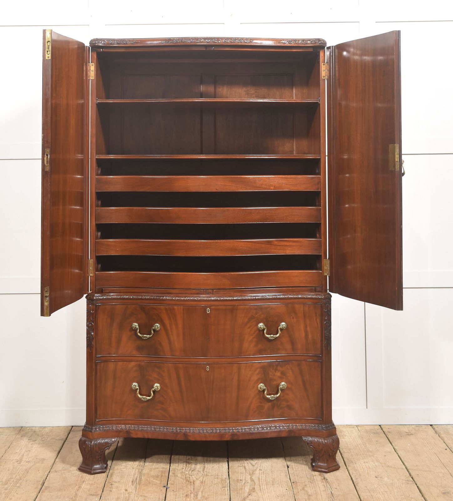 photo vintage Figured Mahogany Tallboy Linen Press With Carved Detail