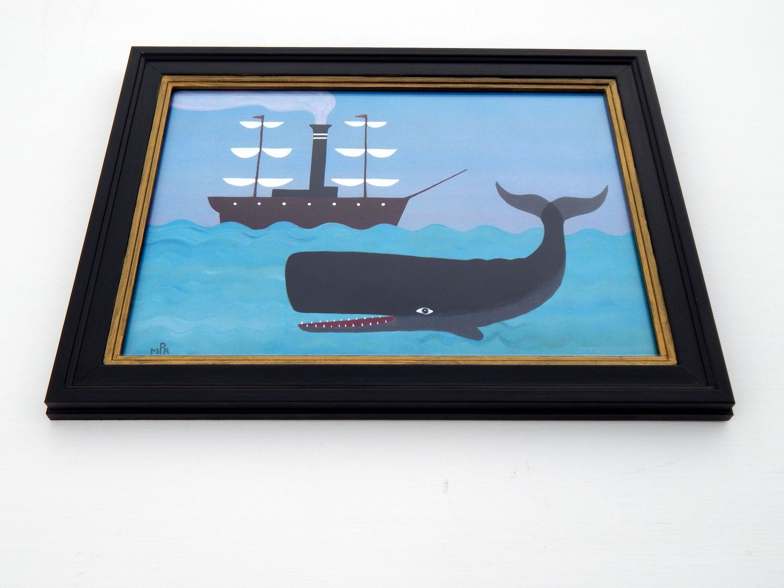 Naive Maritime Sperm Whale Folk Art Print With Early Steamship And Hand Painted Black Frame By Matt Rix photo 125.0